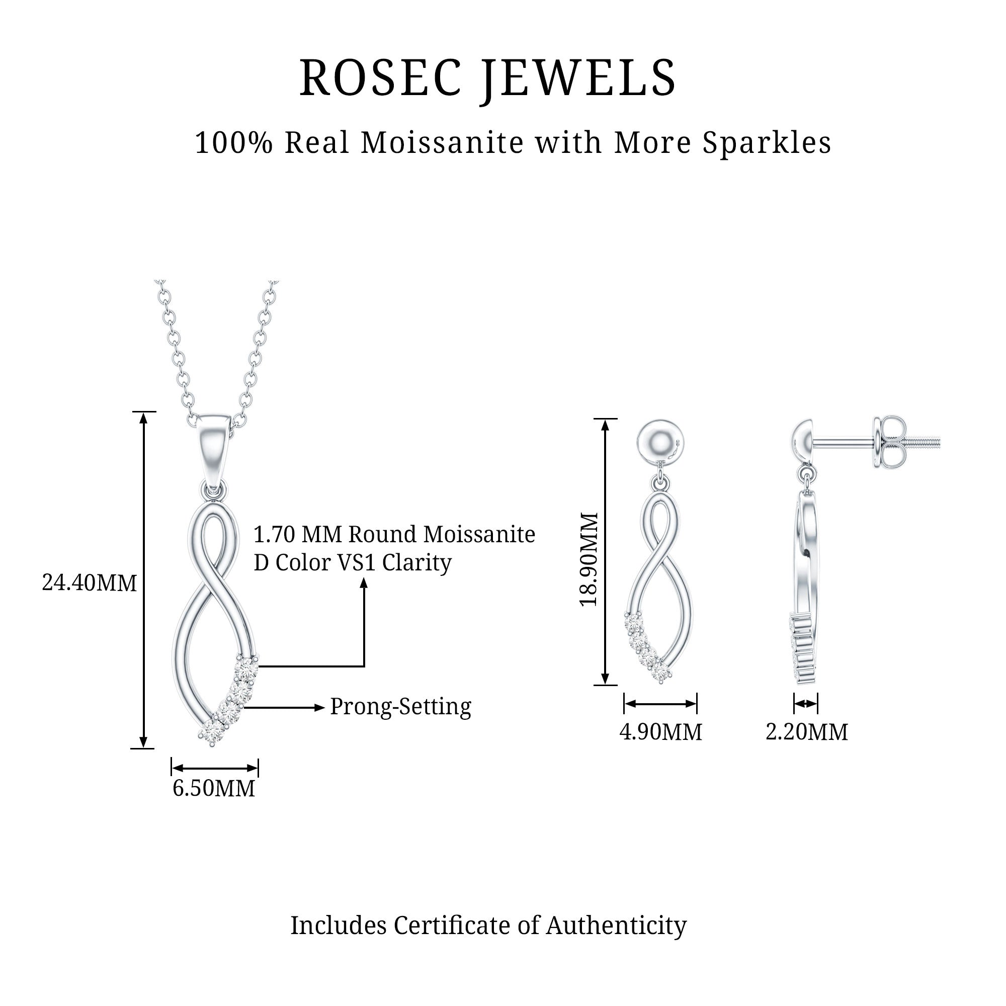 Certified Moissanite Infinity Necklace and Earrings Set D-VS1 - Rosec Jewels