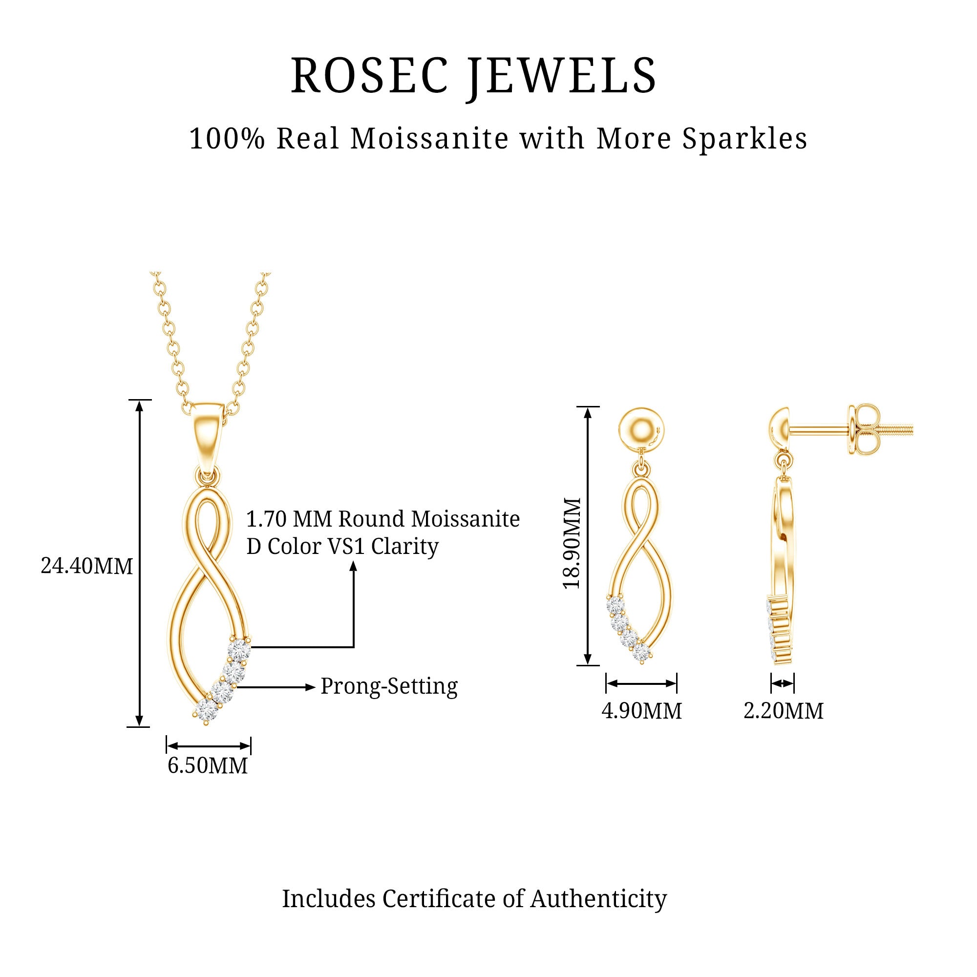 Certified Moissanite Infinity Necklace and Earrings Set D-VS1 - Rosec Jewels