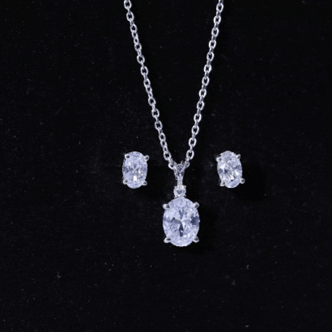 Oval Cut Cubic Zirconia Solitaire Necklace and Earrings in Silver AAAAA 92.5 Sterling Silver - Rosec Jewels