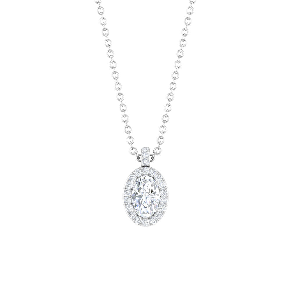 4X6 MM Oval Moissanite Halo Pendant Necklace in Silver - Rosec Jewels