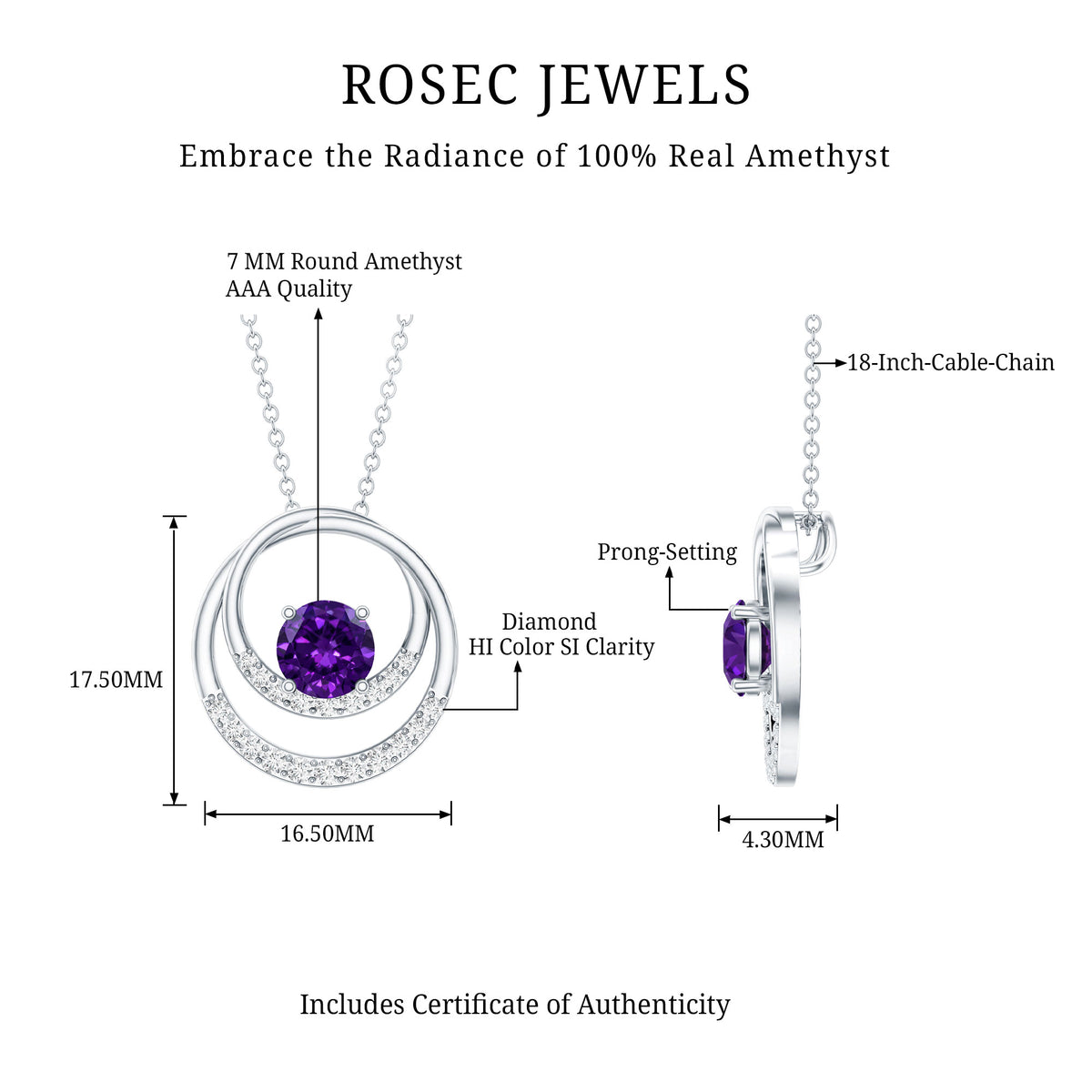 Natural 1.2 Carat Amethyst Eternity Necklace with Diamond AAA - Rosec Jewels