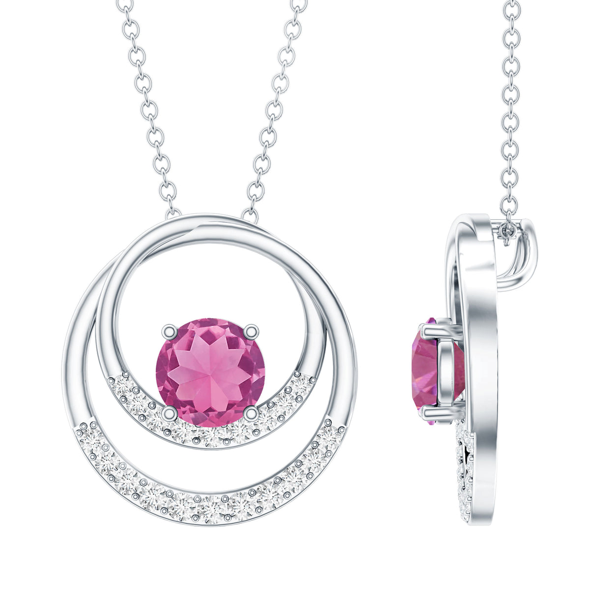 Real Pink Tourmaline and Diamond Open Circle Pendant AAA - Rosec Jewels