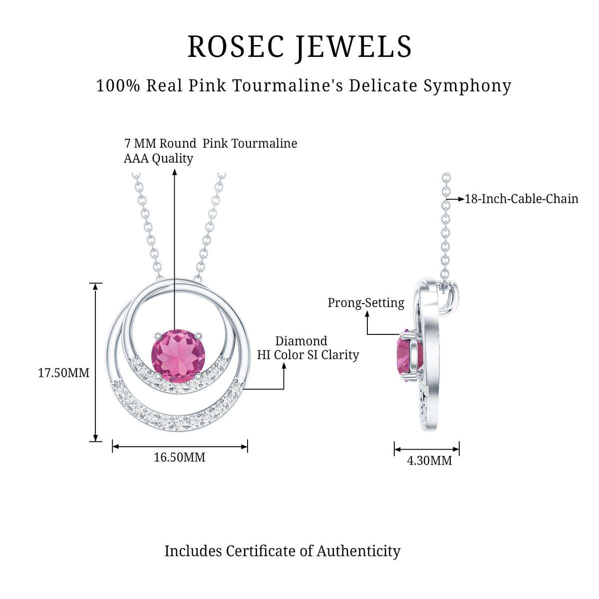 Real Pink Tourmaline and Diamond Open Circle Pendant AAA - Rosec Jewels