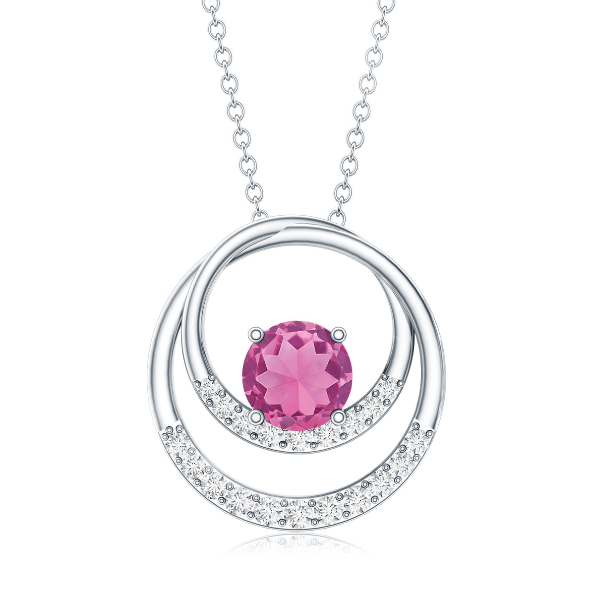 Real Pink Tourmaline and Diamond Open Circle Pendant AAA - Rosec Jewels