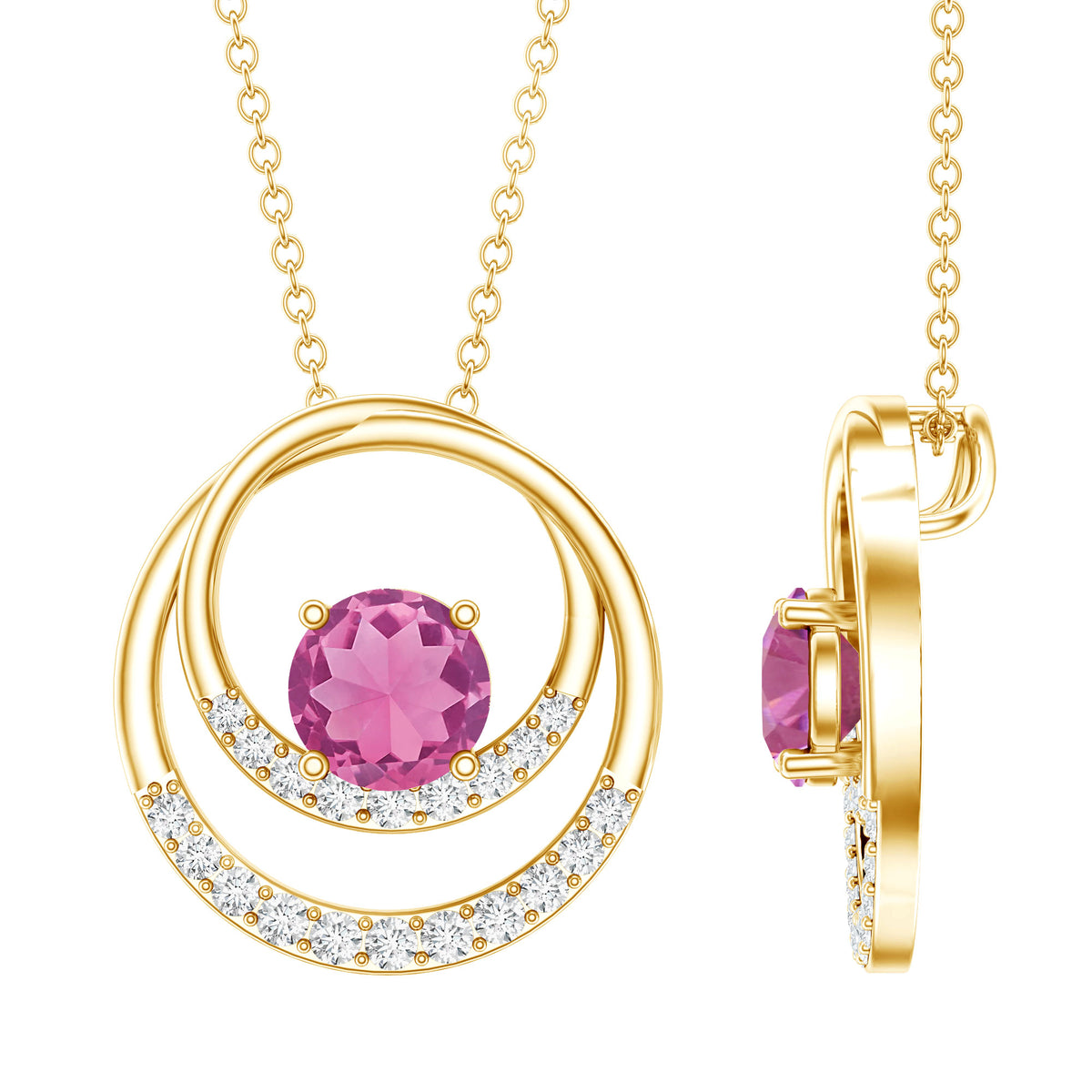 Real Pink Tourmaline and Diamond Open Circle Pendant AAA - Rosec Jewels