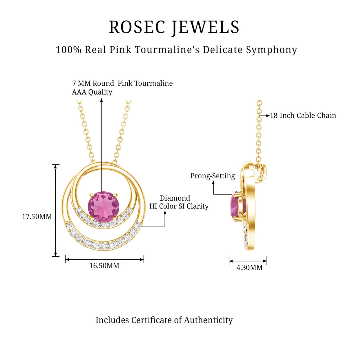 Real Pink Tourmaline and Diamond Open Circle Pendant AAA - Rosec Jewels