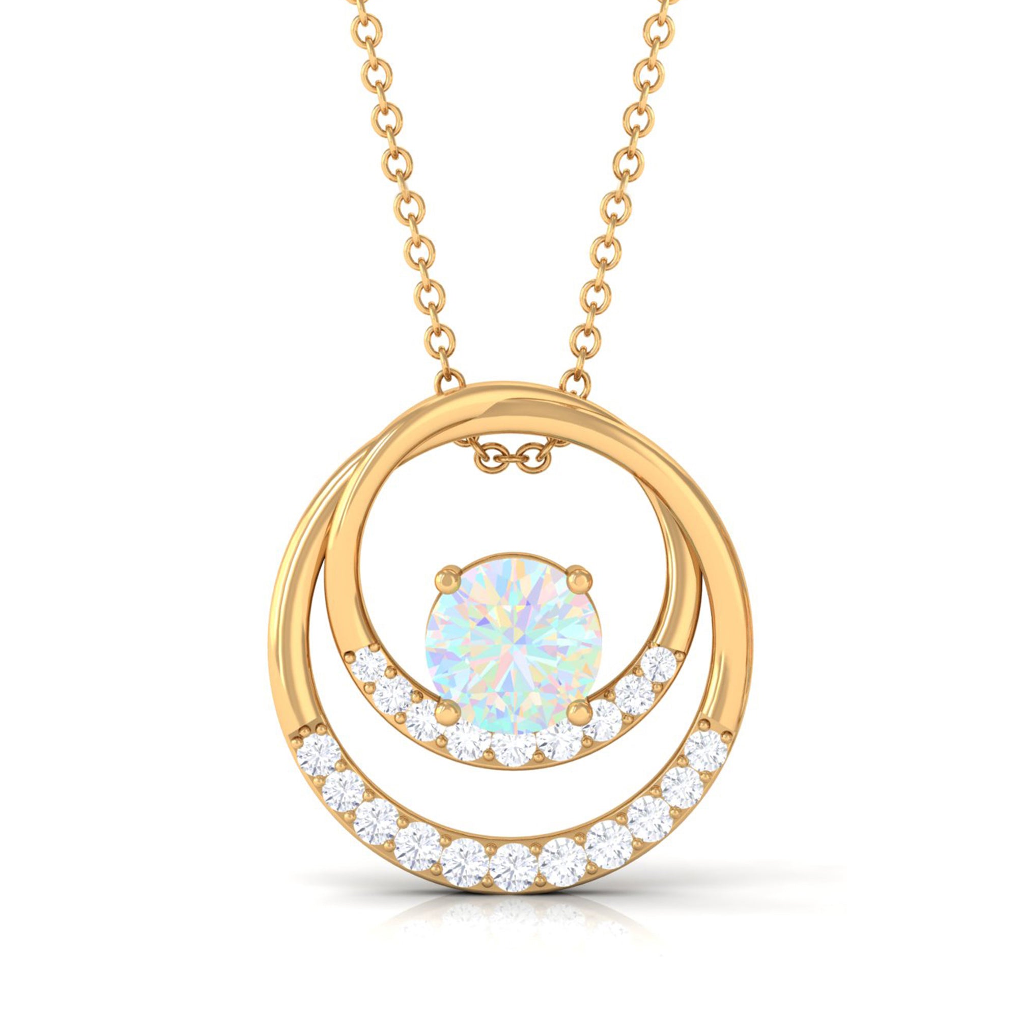 Natural Ethiopian Opal Double Circle Pendant Necklace with Diamond Ethiopian Opal - ( AAA ) - Quality - Rosec Jewels