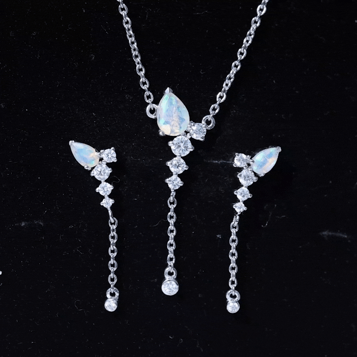 Natural Ethiopian Opal Teardrop Jewelry Set with Moissanite Ethiopian Opal - ( AAA ) - Quality - Rosec Jewels