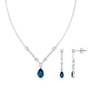 Pear Shape London Blue Topaz and Moissanite Wedding Necklace Earrings Set AAA - Rosec Jewels
