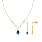 Pear Shape London Blue Topaz and Moissanite Wedding Necklace Earrings Set AAA - Rosec Jewels