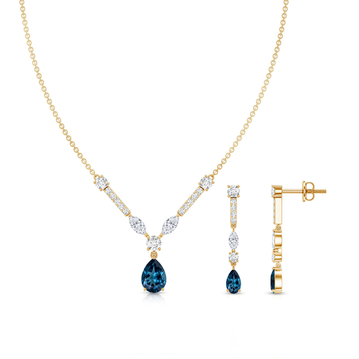Pear Shape London Blue Topaz and Moissanite Wedding Necklace Earrings Set AAA - Rosec Jewels