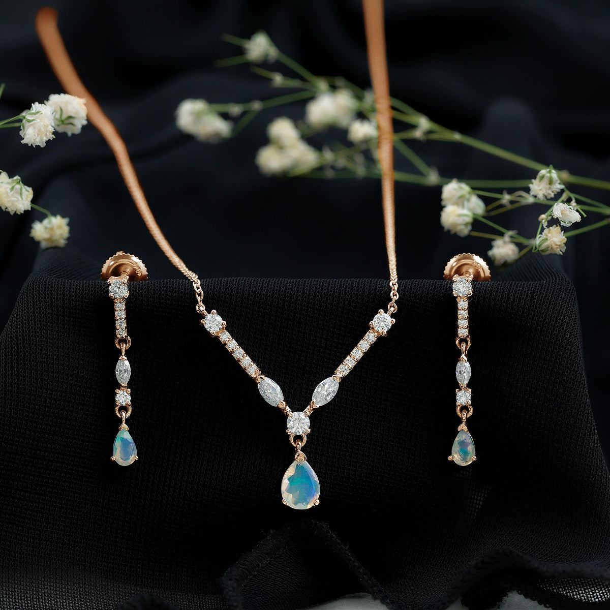 Natural Ethiopian Opal and Moissanite Teardrop Jewelry Set AAA - Rosec Jewels
