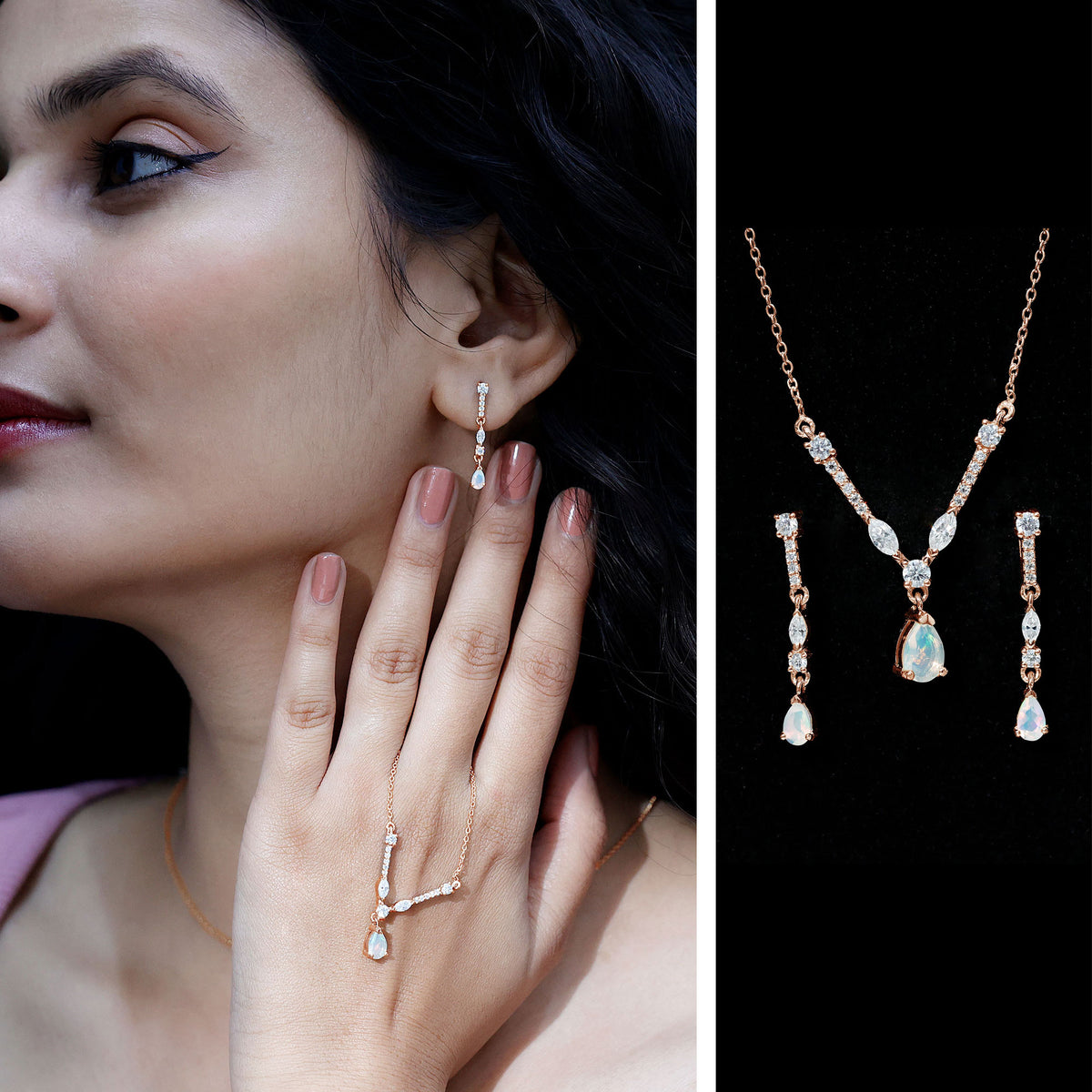 Natural Ethiopian Opal and Moissanite Teardrop Jewelry Set AAA - Rosec Jewels