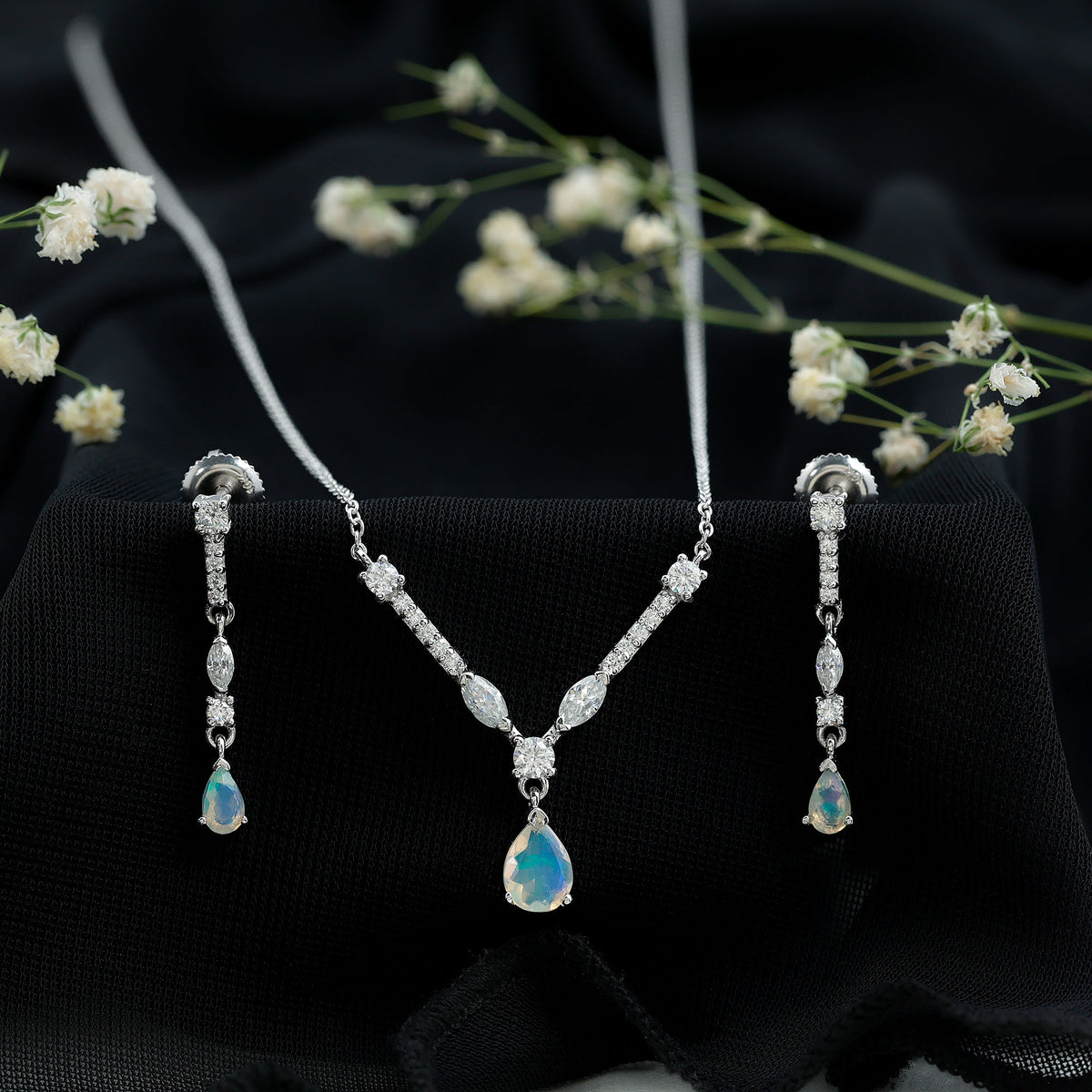 Natural Ethiopian Opal and Moissanite Teardrop Jewelry Set AAA - Rosec Jewels
