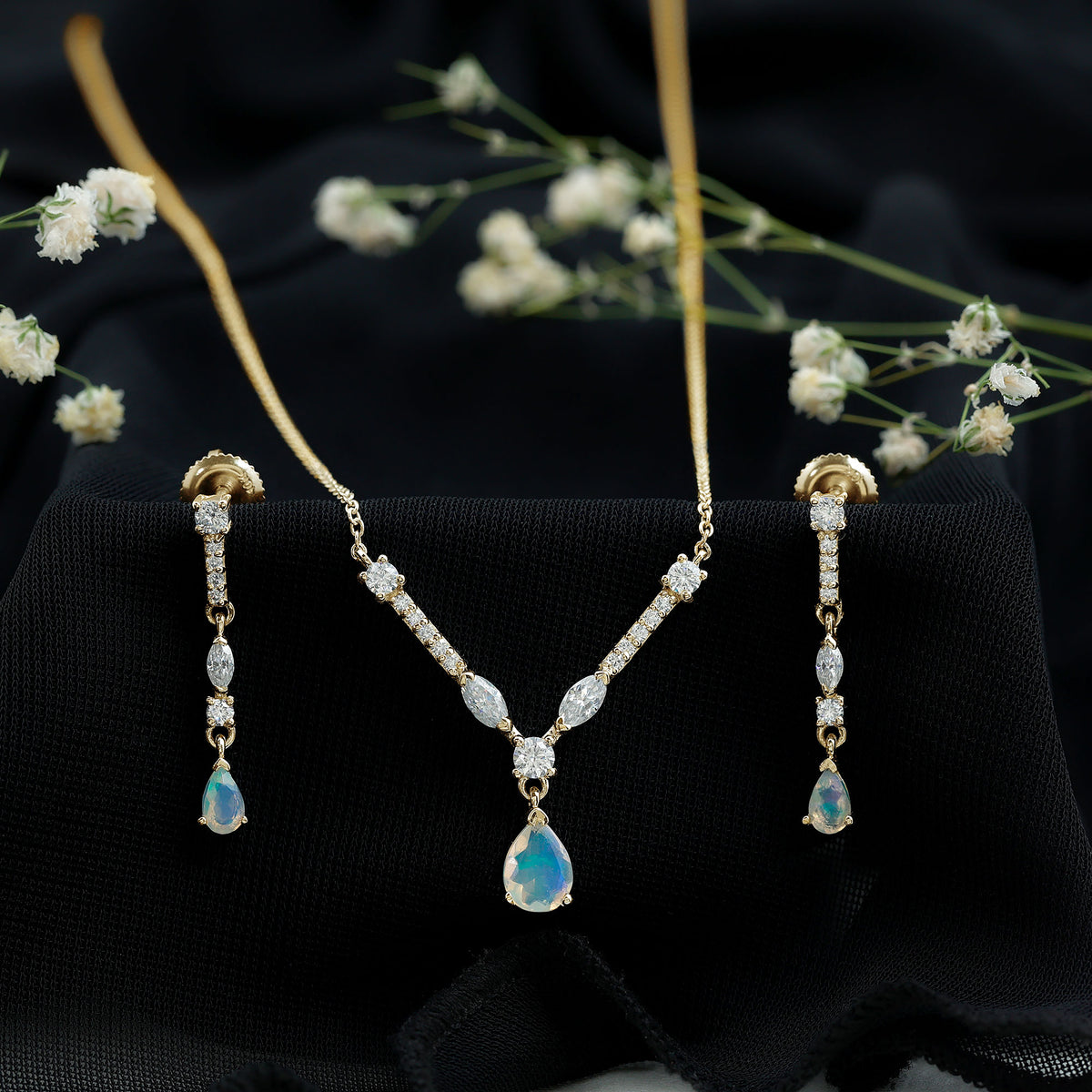 Natural Ethiopian Opal and Moissanite Teardrop Jewelry Set AAA - Rosec Jewels