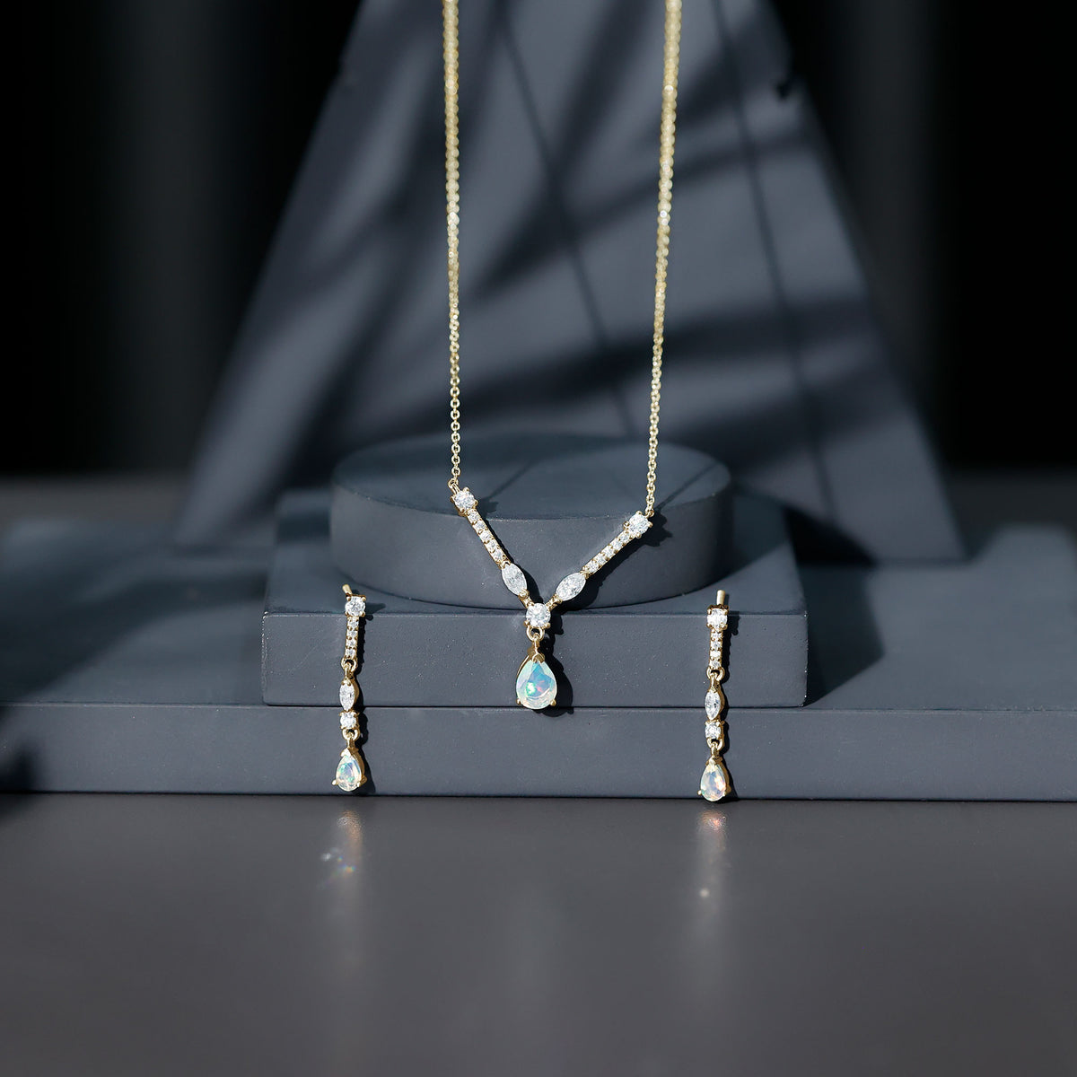Natural Ethiopian Opal and Moissanite Teardrop Jewelry Set AAA - Rosec Jewels