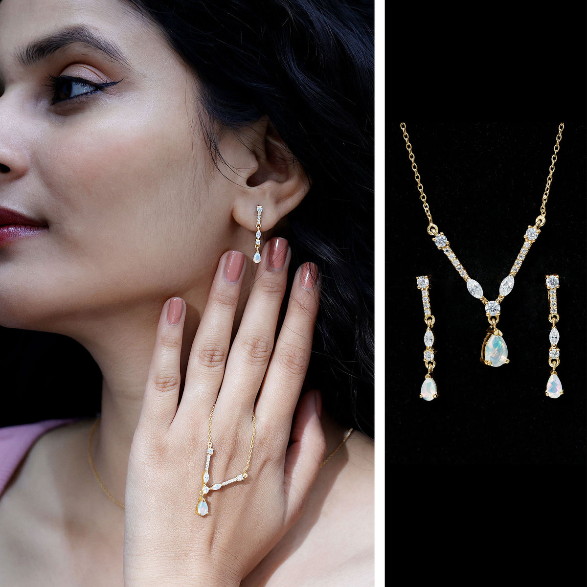 Natural Ethiopian Opal and Moissanite Teardrop Jewelry Set AAA - Rosec Jewels