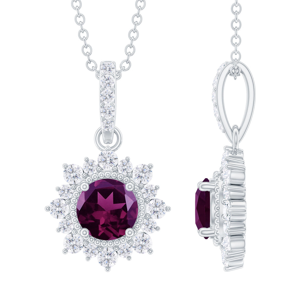 Round Rhodolite Halo Pendant with Diamond Accent Bail Rhodolite - ( AAA ) - Quality - Rosec Jewels