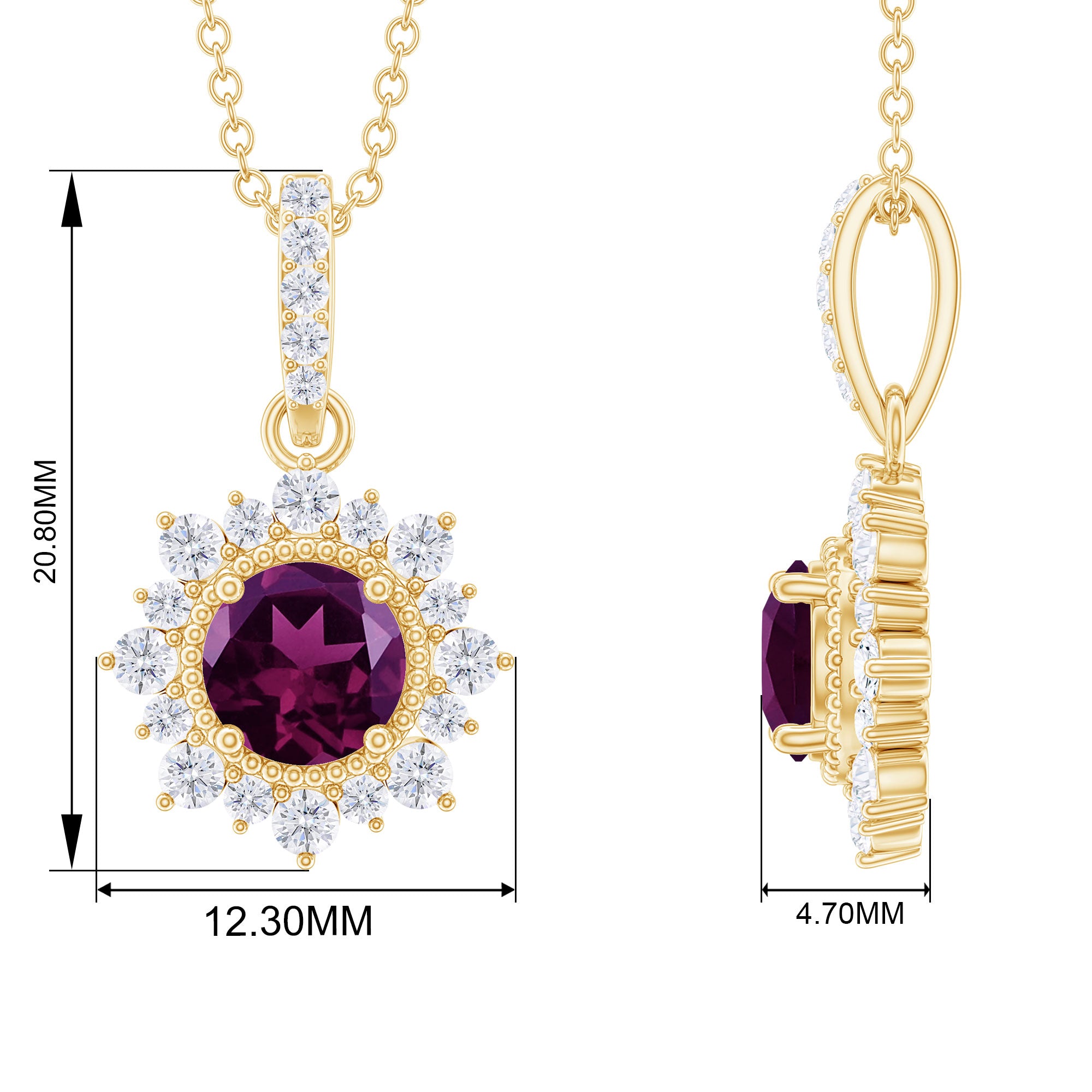 Round Rhodolite Halo Pendant with Diamond Accent Bail Rhodolite - ( AAA ) - Quality - Rosec Jewels