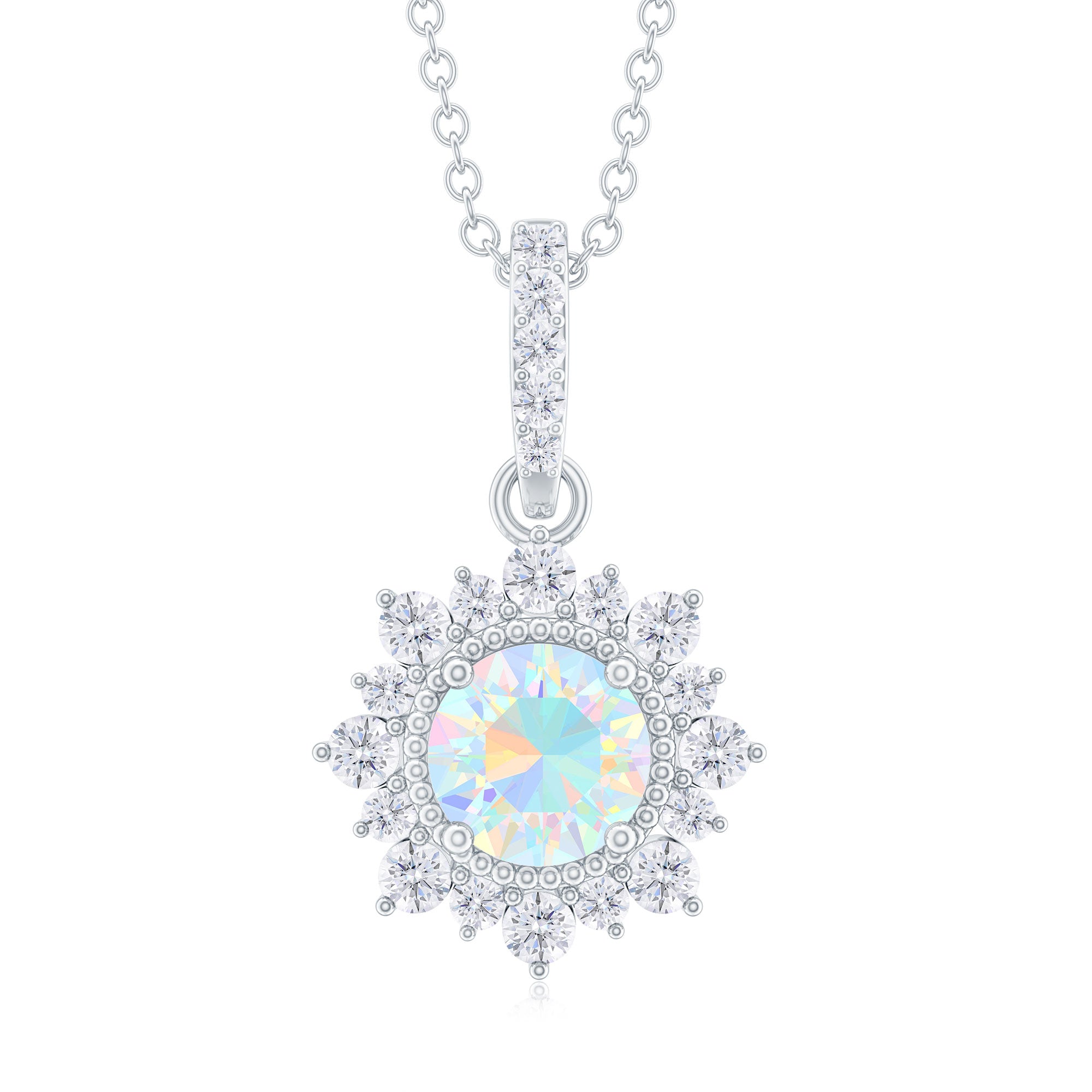 Real Ethiopian Opal Beaded Pendant Necklace with Diamond Halo Ethiopian Opal - ( AAA ) - Quality - Rosec Jewels