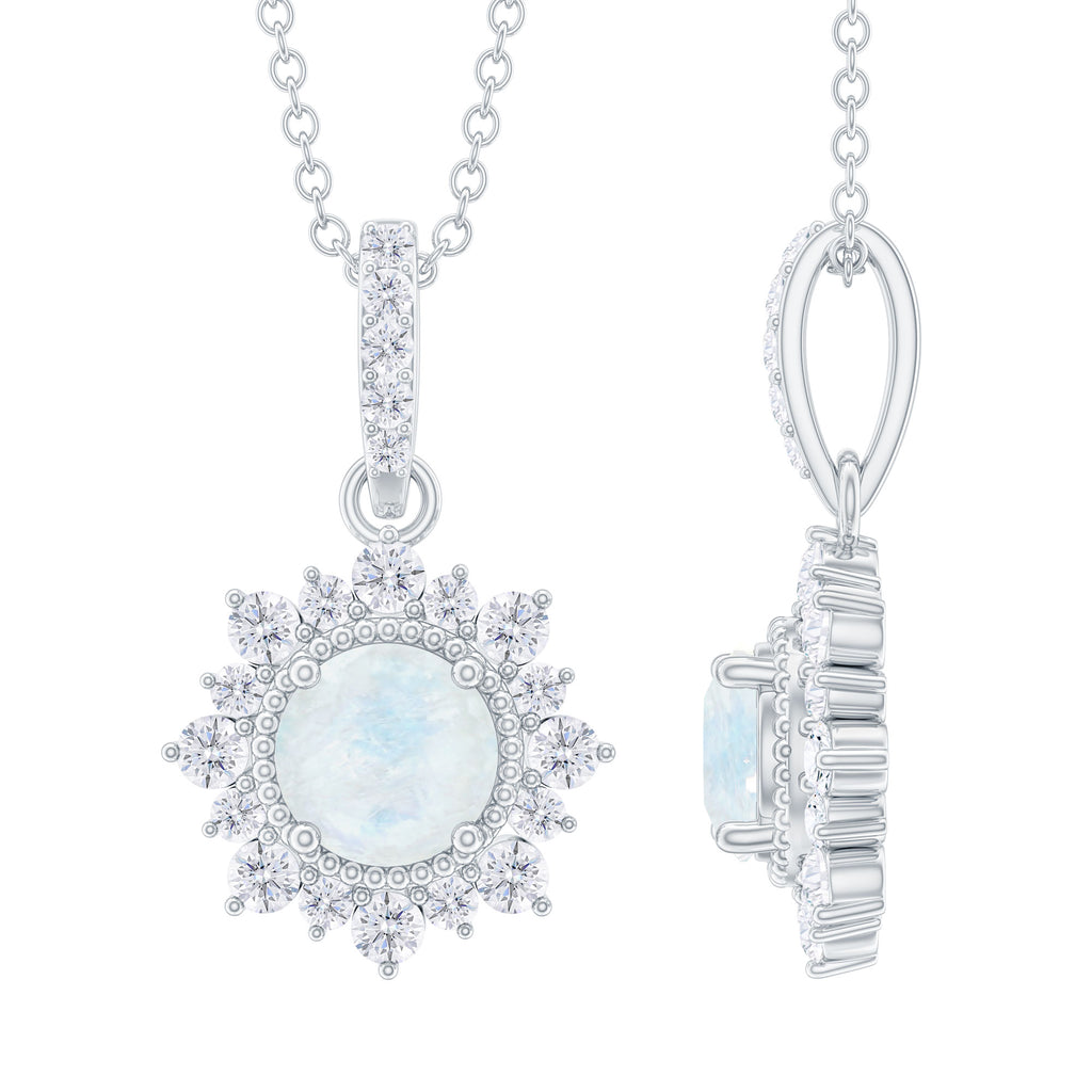 Round Moonstone and Beaded Halo Pendant with Diamond Bail Moonstone - ( AAA ) - Quality - Rosec Jewels