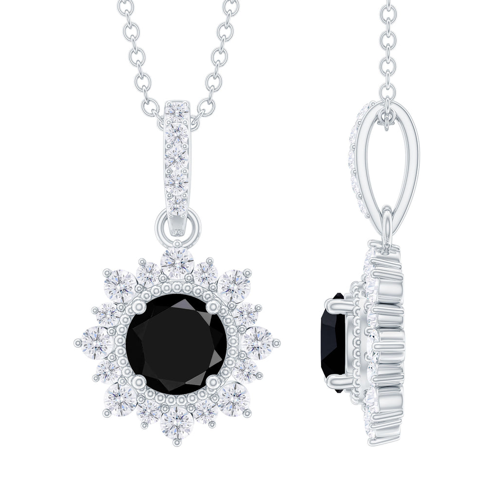 Round Black Spinel Halo Pendant with Diamond Accent Bail Black Spinel - ( AAA ) - Quality - Rosec Jewels