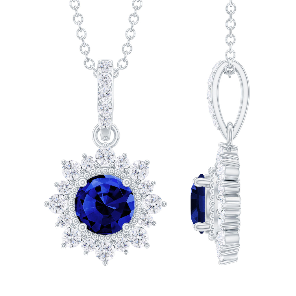 Round Created Blue Sapphire Halo Pendant with Diamond Lab Created Blue Sapphire - ( AAAA ) - Quality - Rosec Jewels