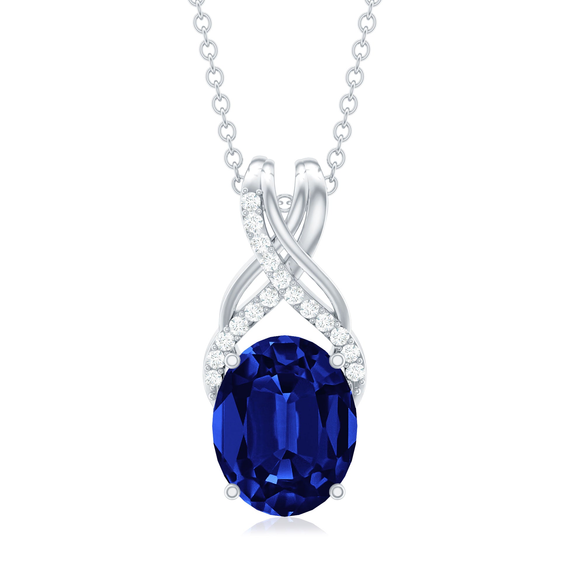 4 Carat Oval Lab Created Blue Sapphire Necklace with Diamond Twisted Bail AAAA - Rosec Jewels