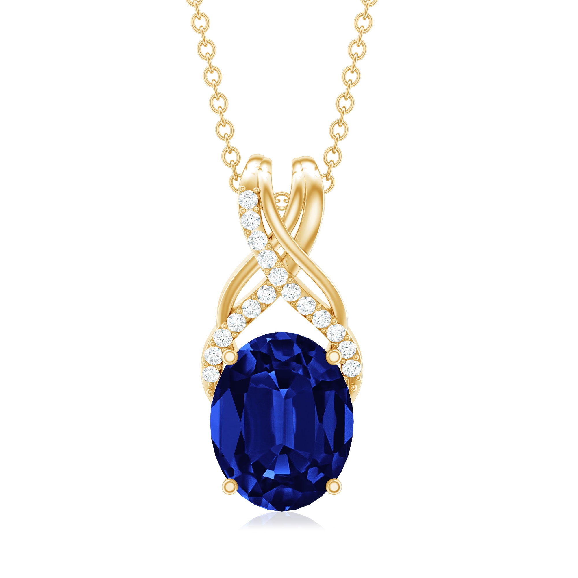 4 Carat Oval Lab Created Blue Sapphire Necklace with Diamond Twisted Bail AAAA - Rosec Jewels