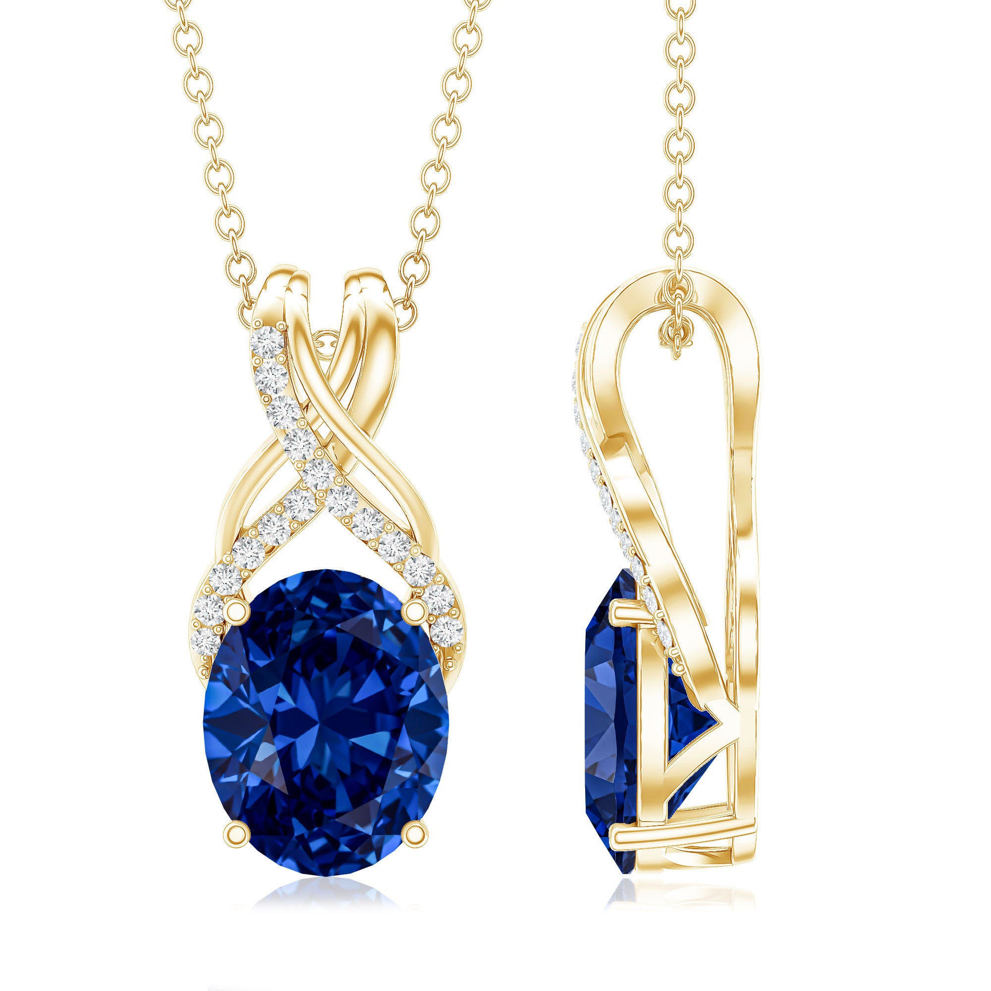 4 Carat Oval Lab Created Blue Sapphire Necklace with Diamond