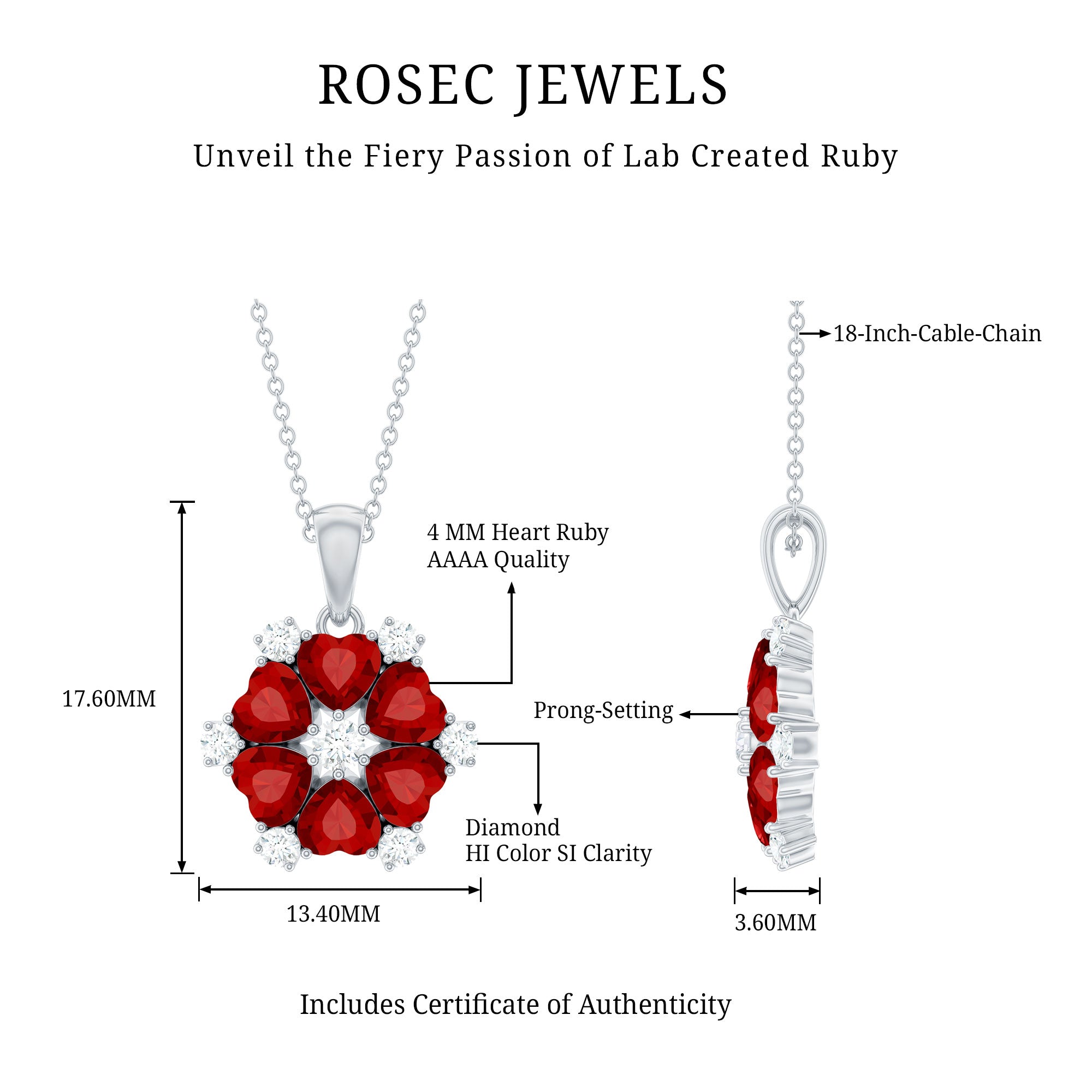 2.7 Carat Heart Shape Lab Created Ruby and Diamond Flower Necklace