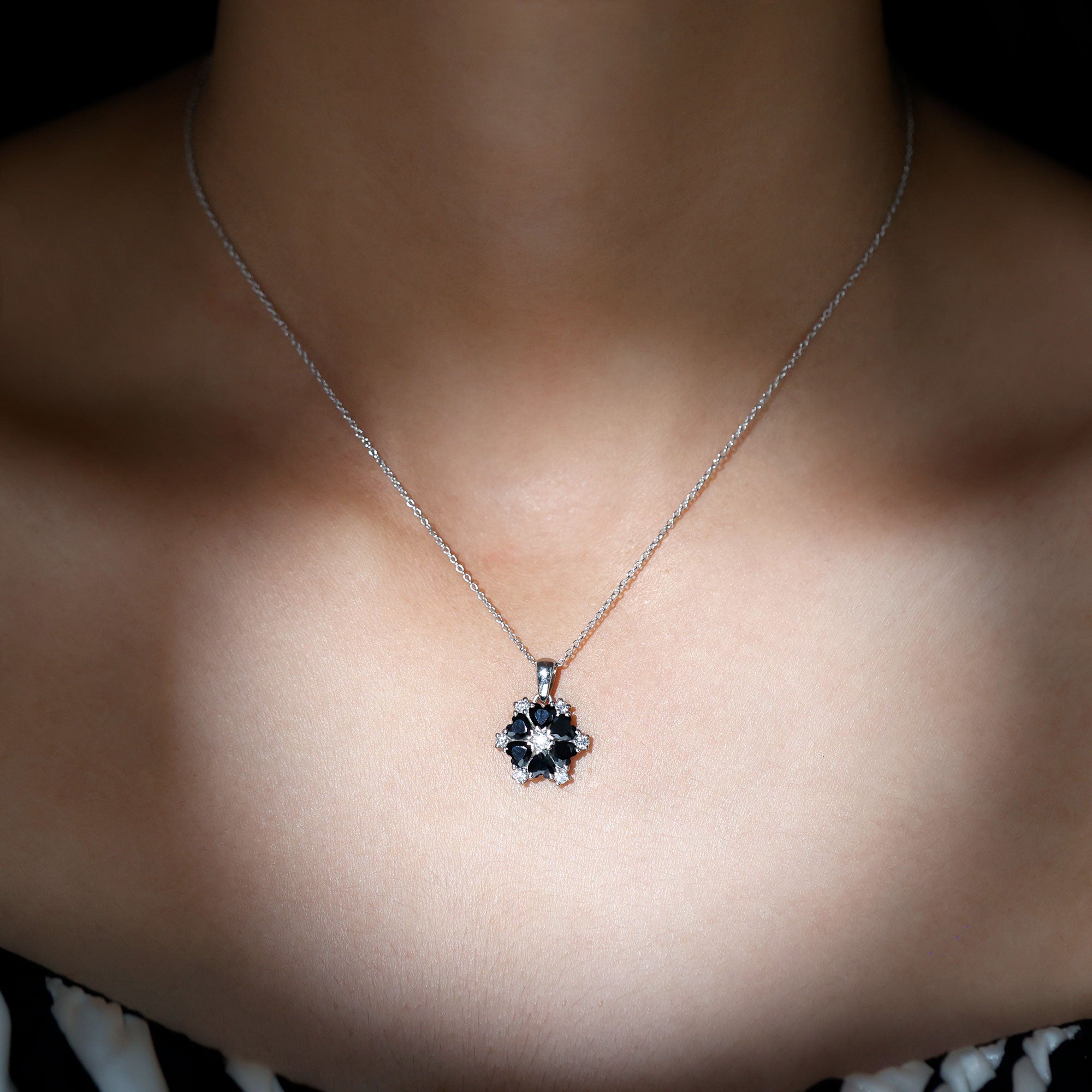 1.75 CT Heart Shape Black Spinel and Diamond Flower Pendant Black Spinel - ( AAA ) - Quality - Rosec Jewels