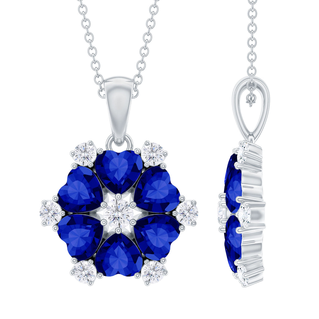 Heart Shape Created Blue Sapphire and Diamond Flower Pendant Lab Created Blue Sapphire - ( AAAA ) - Quality - Rosec Jewels