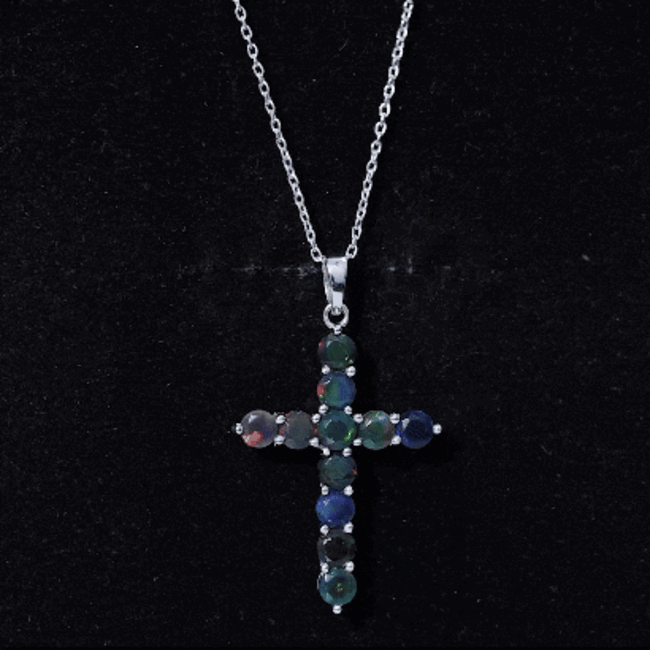 Natural Black Opal Cross Pendant Necklace in Silver AAA 92.5 Sterling Silver - Rosec Jewels