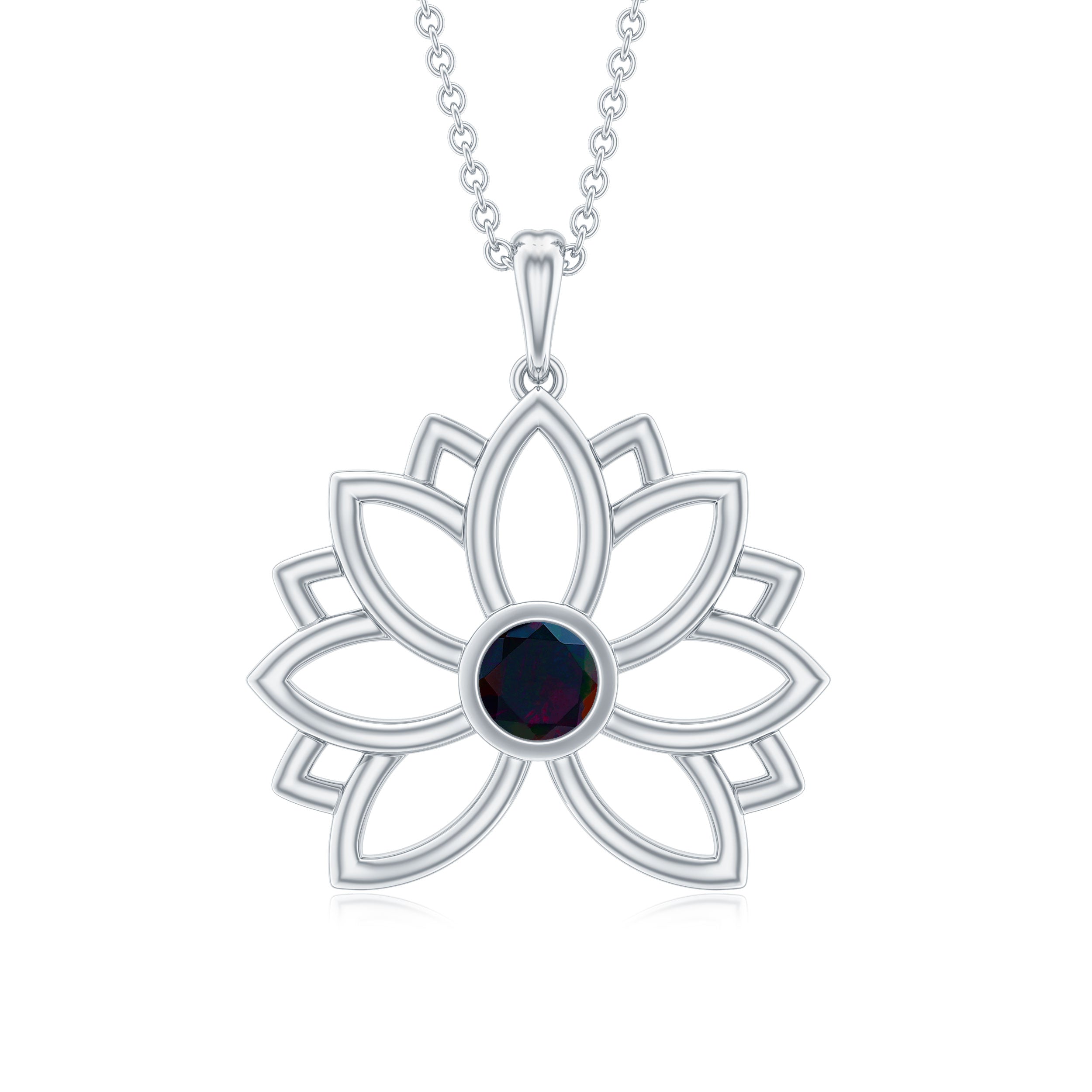 Bezel Set Black Opal Gold Flower Pendant Necklace Black Opal - ( AAA ) - Quality - Rosec Jewels
