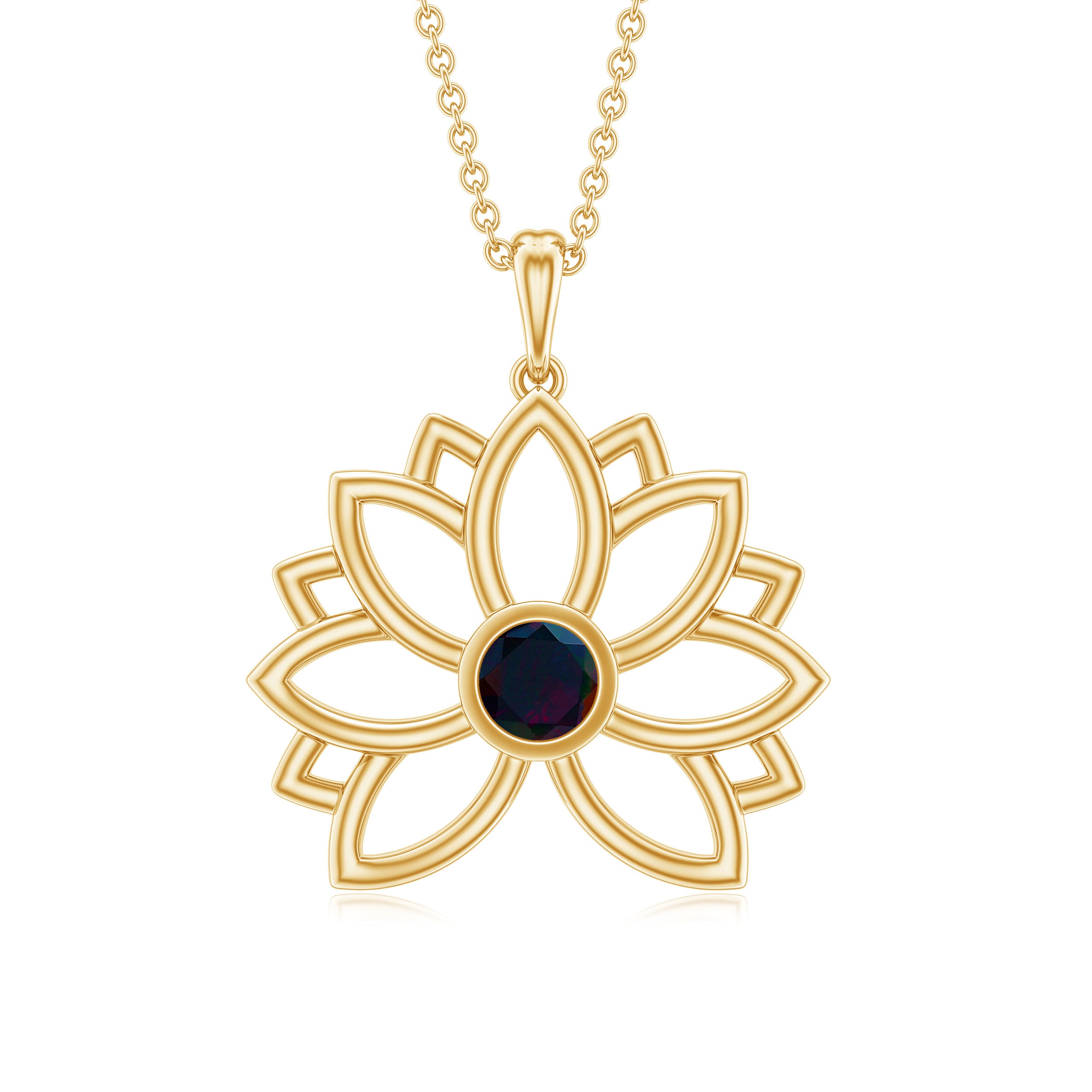 Bezel Set Black Opal Gold Flower Pendant Necklace Black Opal - ( AAA ) - Quality - Rosec Jewels
