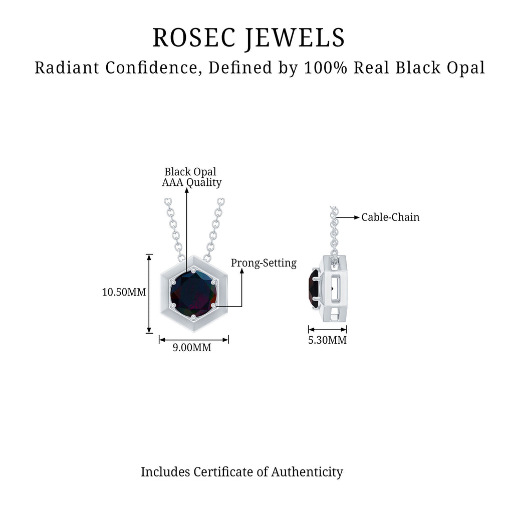 3/4 CT Solitaire Black Opal Silver Hexagon Pendant Necklace - Rosec Jewels