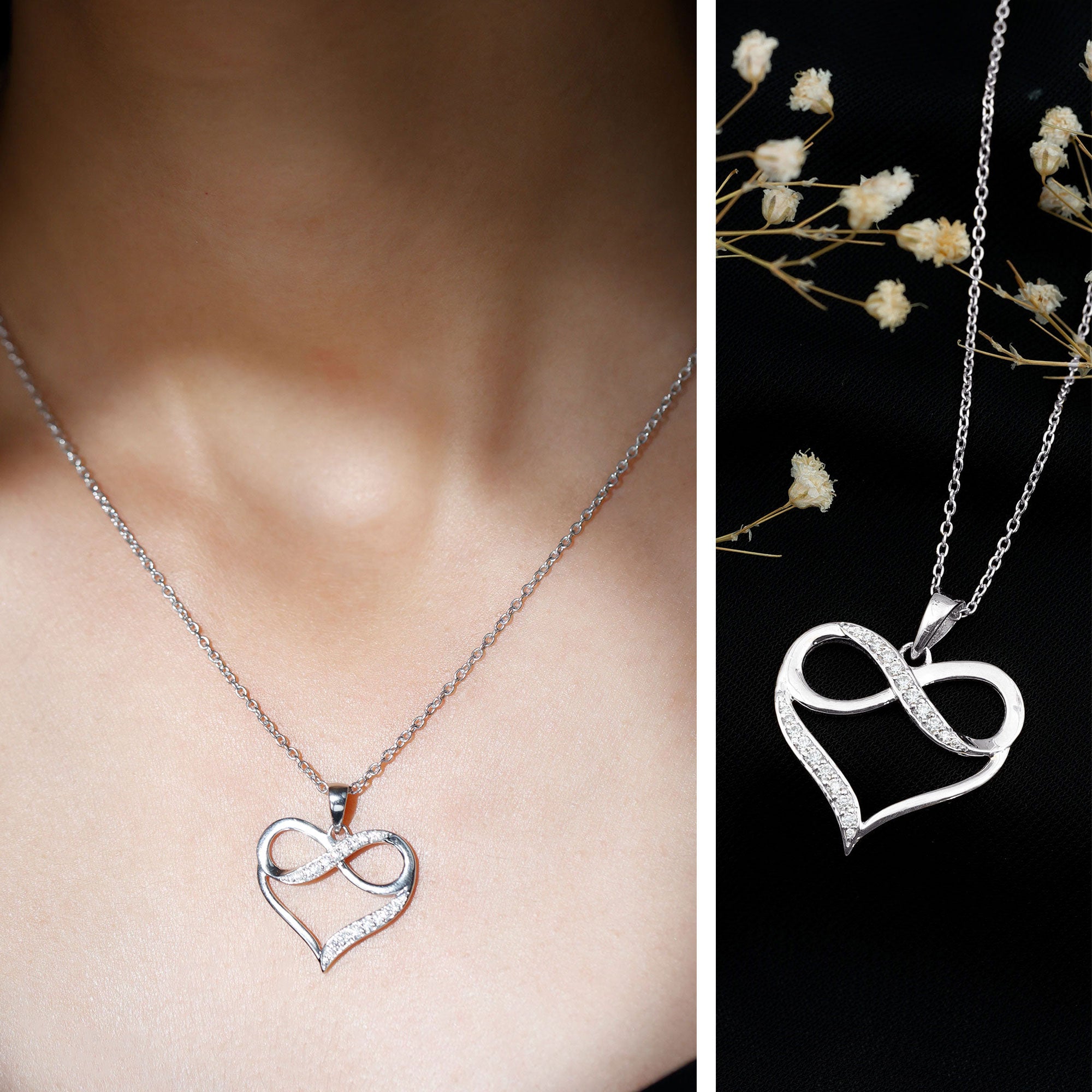Certified Moissanite Heart and Infinity Necklace with Silver Chain D-VS1 92.5 Sterling Silver - Rosec Jewels