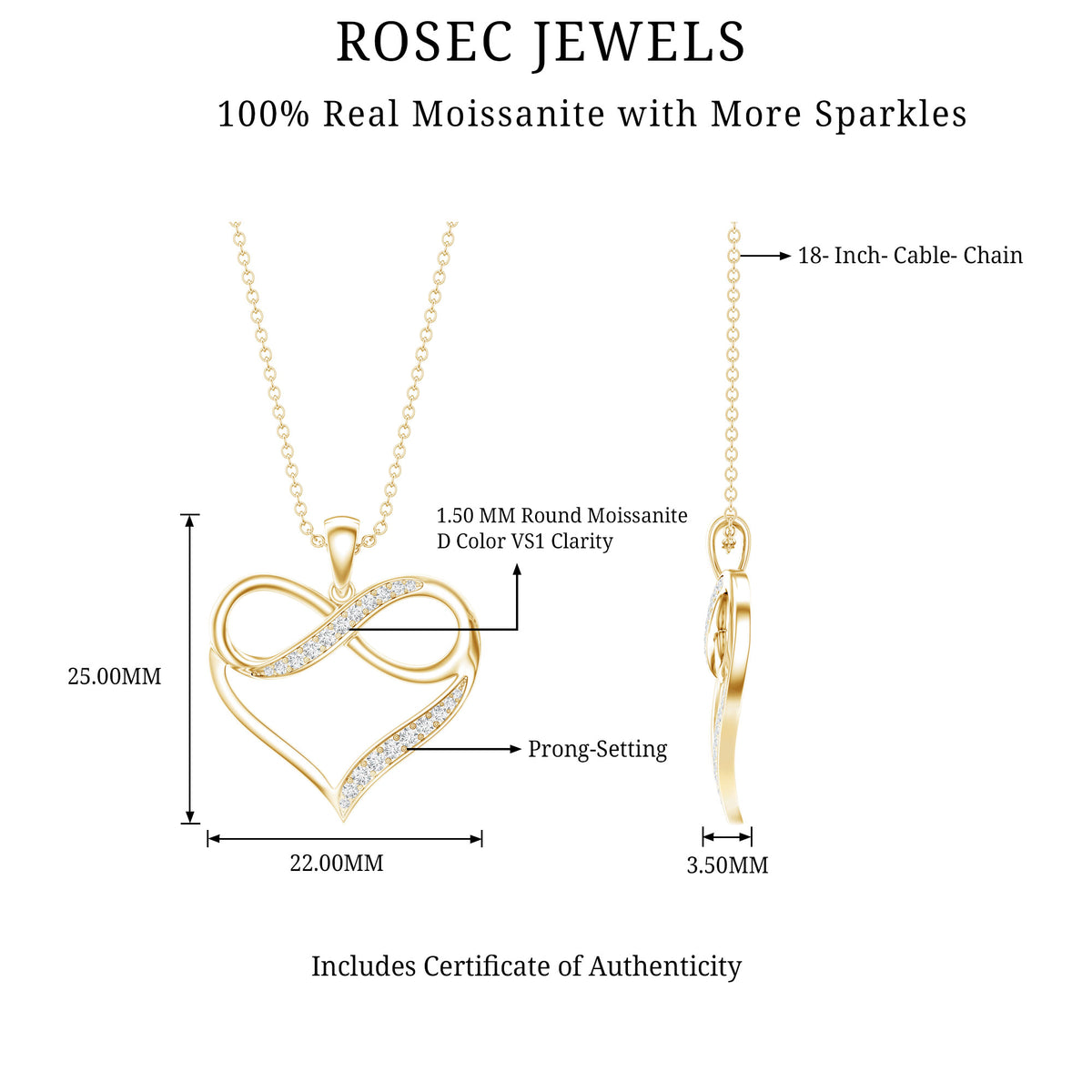 Certified Moissanite Heart and Infinity Necklace with Silver Chain D-VS1 14K Yellow Gold Plated Silver - Rosec Jewels