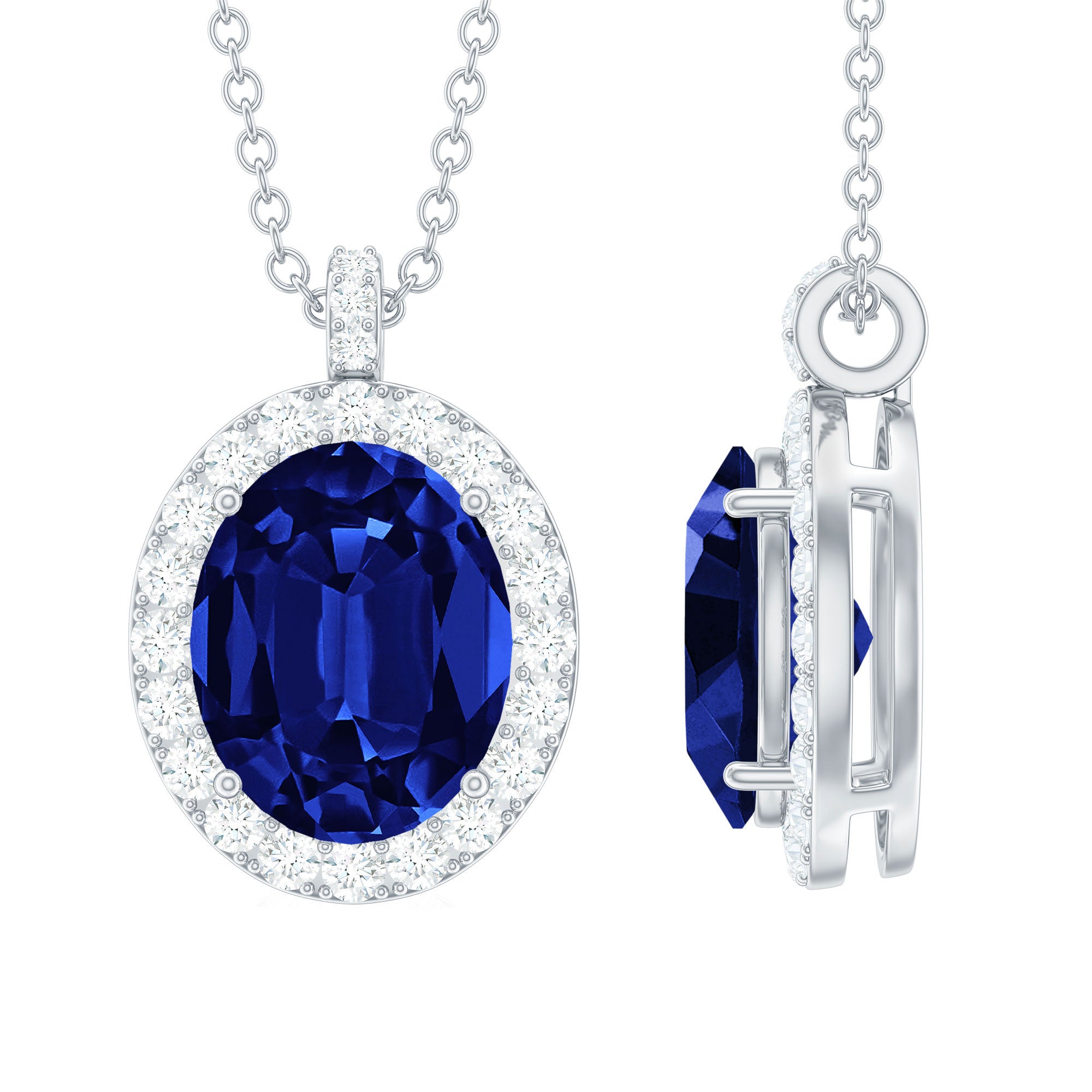 8X10 MM Oval Lab Grown Blue Sapphire Bridal Necklace with Moissanite