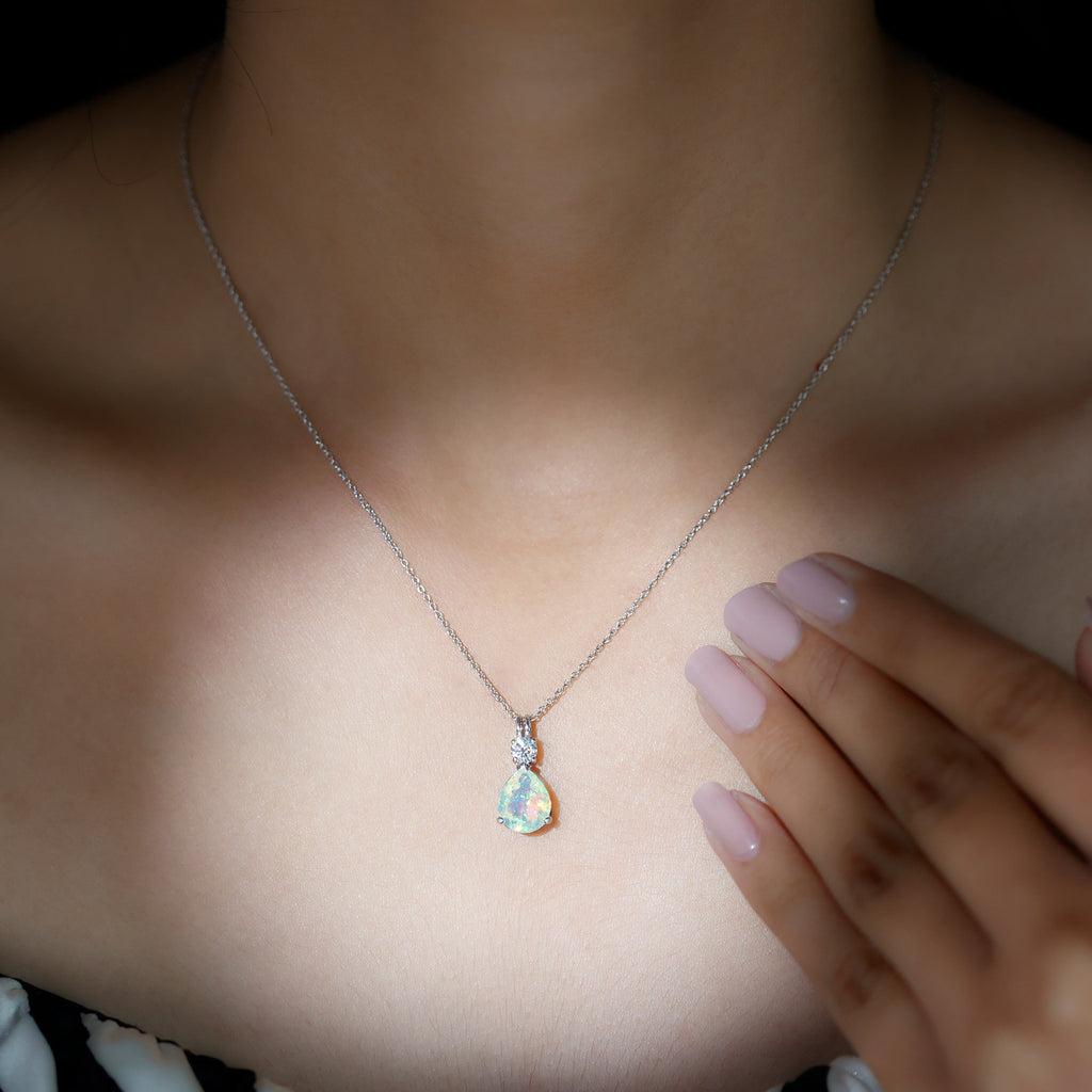 Simple Ethiopian Opal Teardrop Pendant with Moissanite Ethiopian Opal - ( AAA ) - Quality - Rosec Jewels