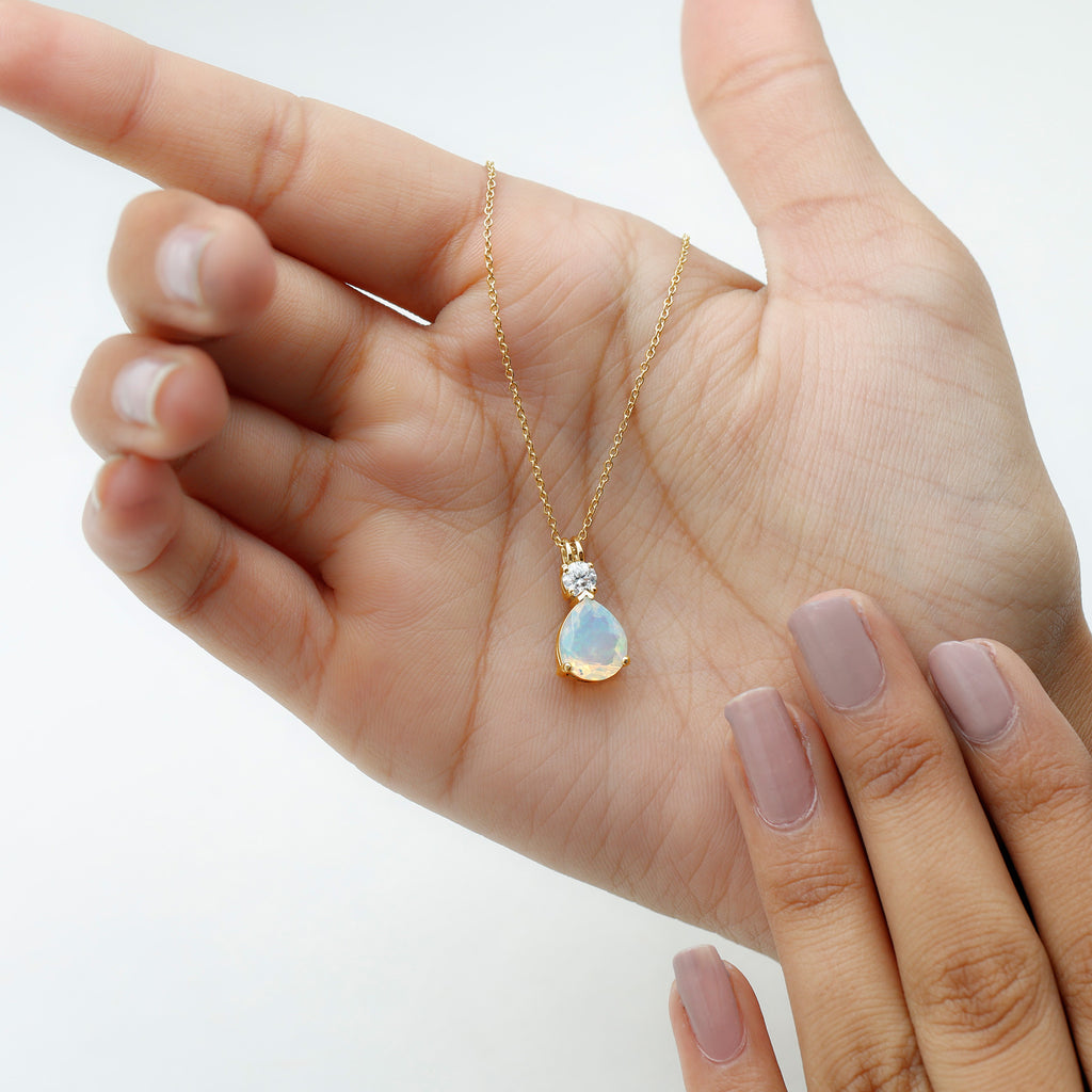 Simple Ethiopian Opal Teardrop Pendant with Moissanite Ethiopian Opal - ( AAA ) - Quality - Rosec Jewels
