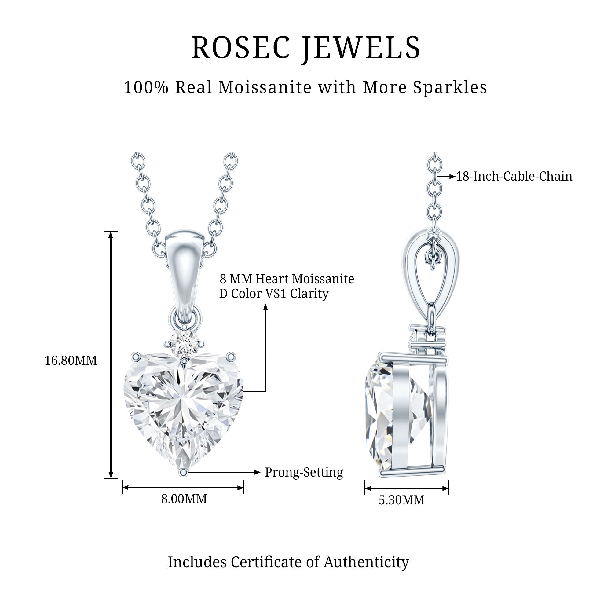 Sterling Silver 2 Carat Moissanite Heart Pendant Necklace D-VS1 92.5 Sterling Silver - Rosec Jewels