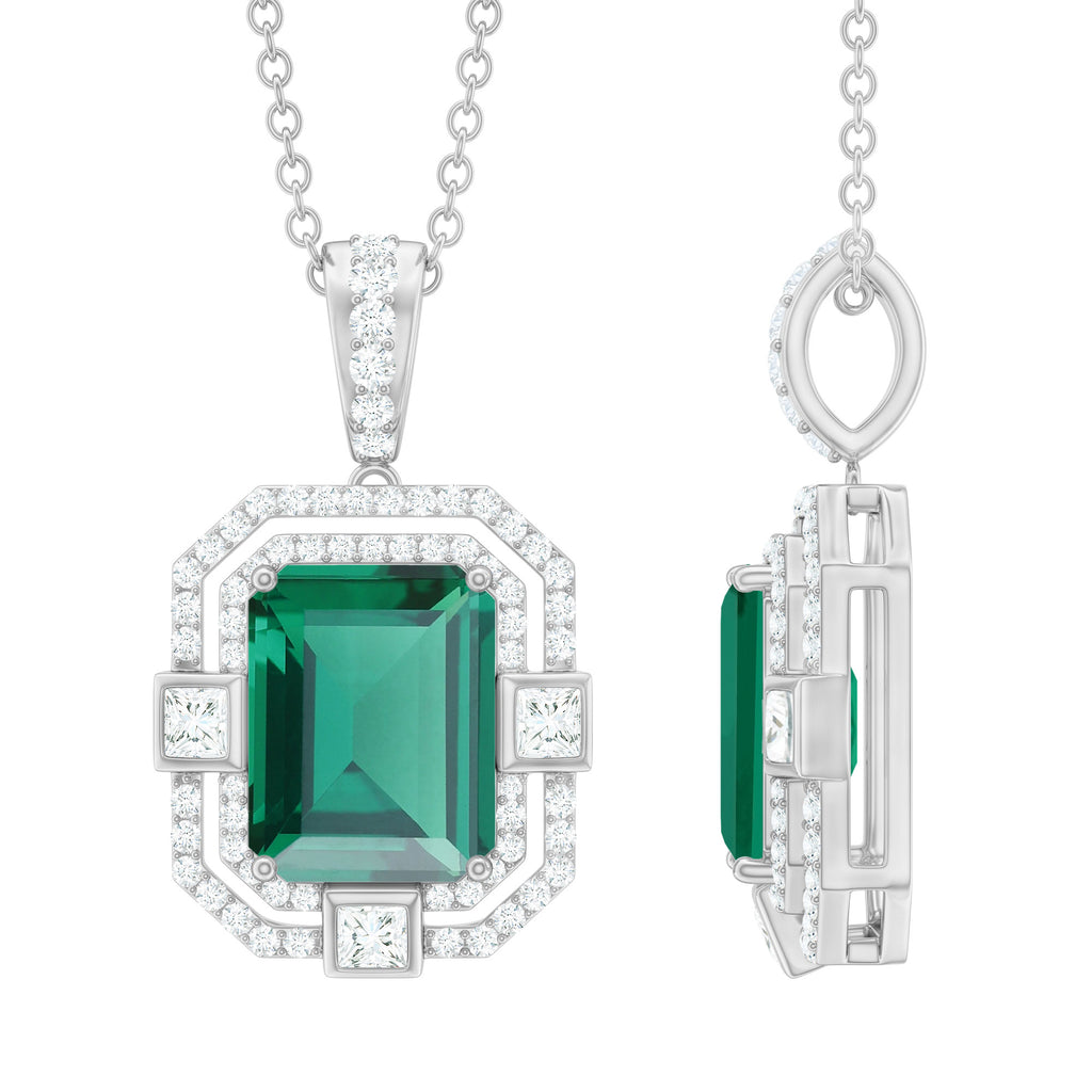 Vintage Inspired Octagon Cut Created Emerald and Moissanite Pendant Lab Created Emerald - ( AAAA ) - Quality - Rosec Jewels