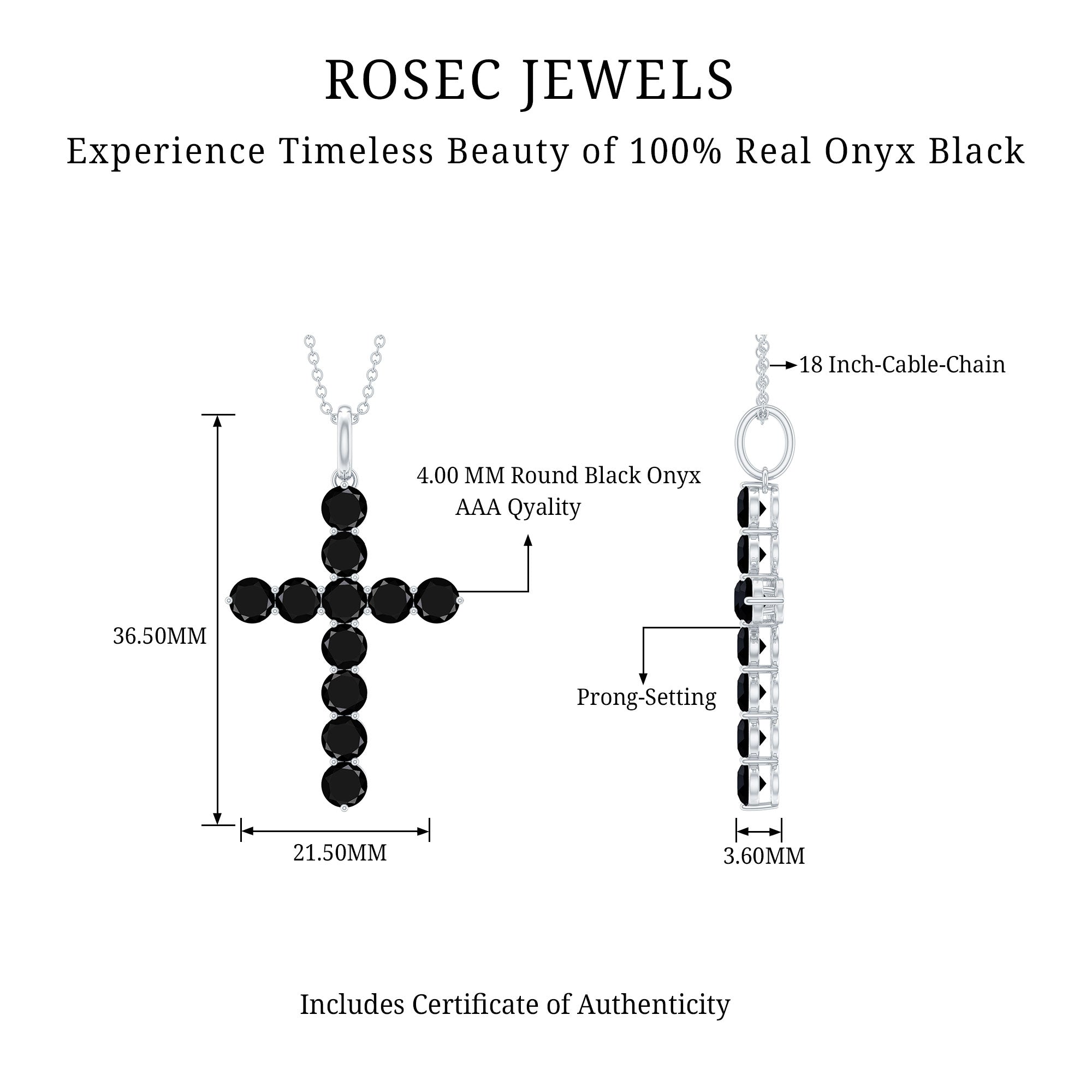 Certified Real Black Onyx Cross Pendant Necklace with Silver Chain AAA 92.5 Sterling Silver - Rosec Jewels