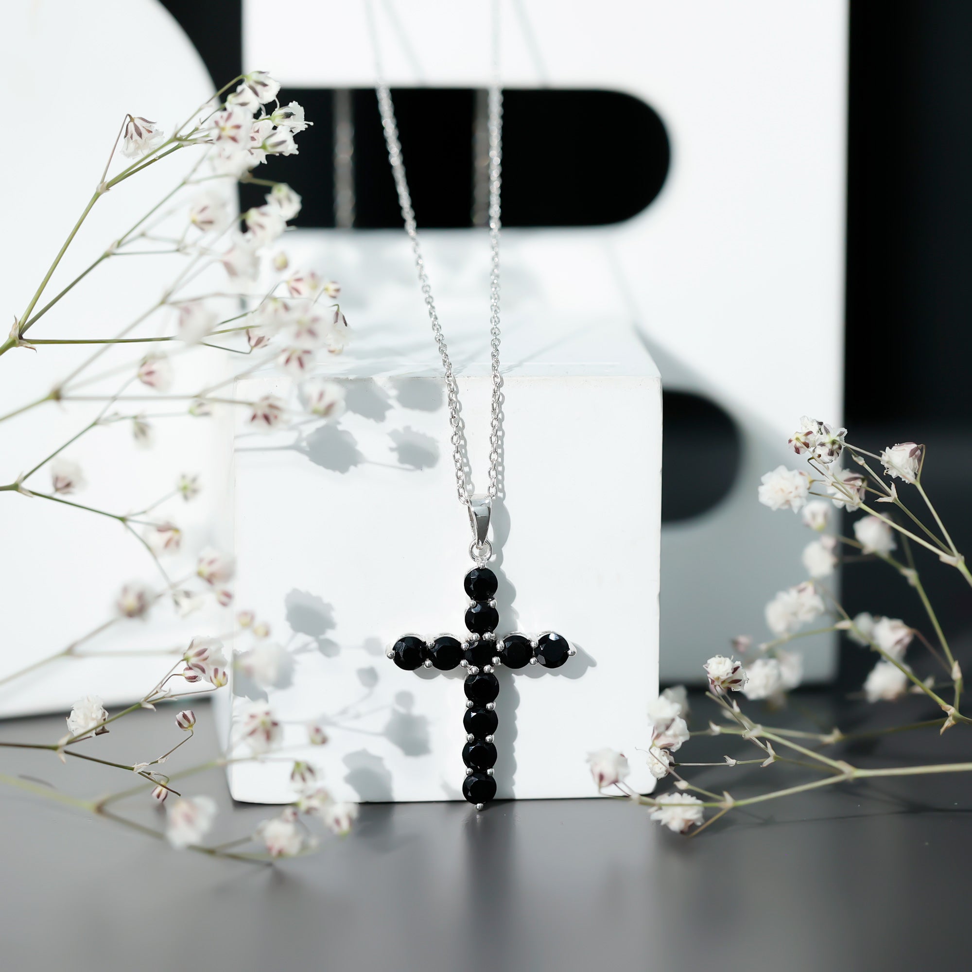 Certified Real Black Onyx Cross Pendant Necklace with Silver Chain AAA 92.5 Sterling Silver - Rosec Jewels