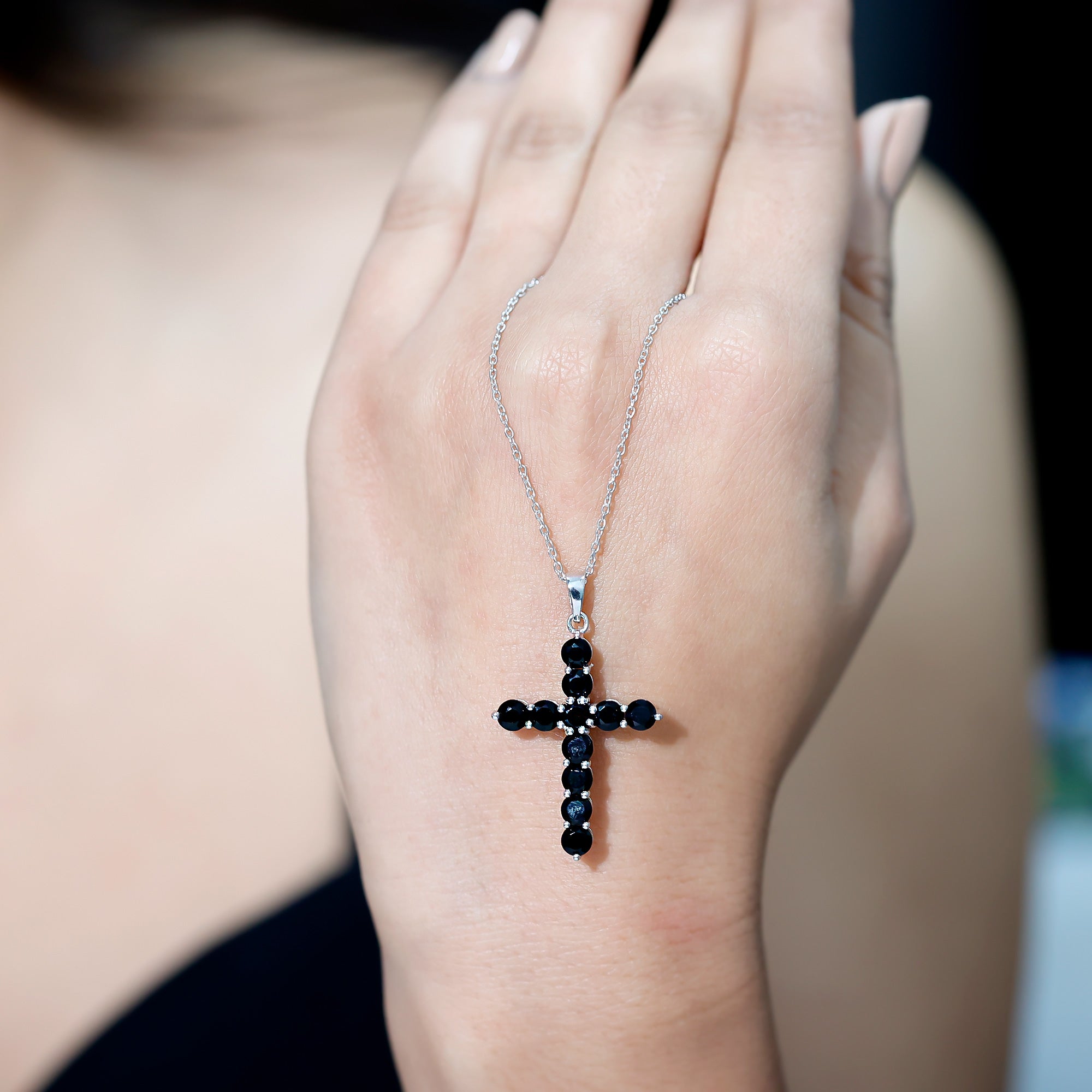 Certified Real Black Onyx Cross Pendant Necklace with Silver Chain AAA 92.5 Sterling Silver - Rosec Jewels