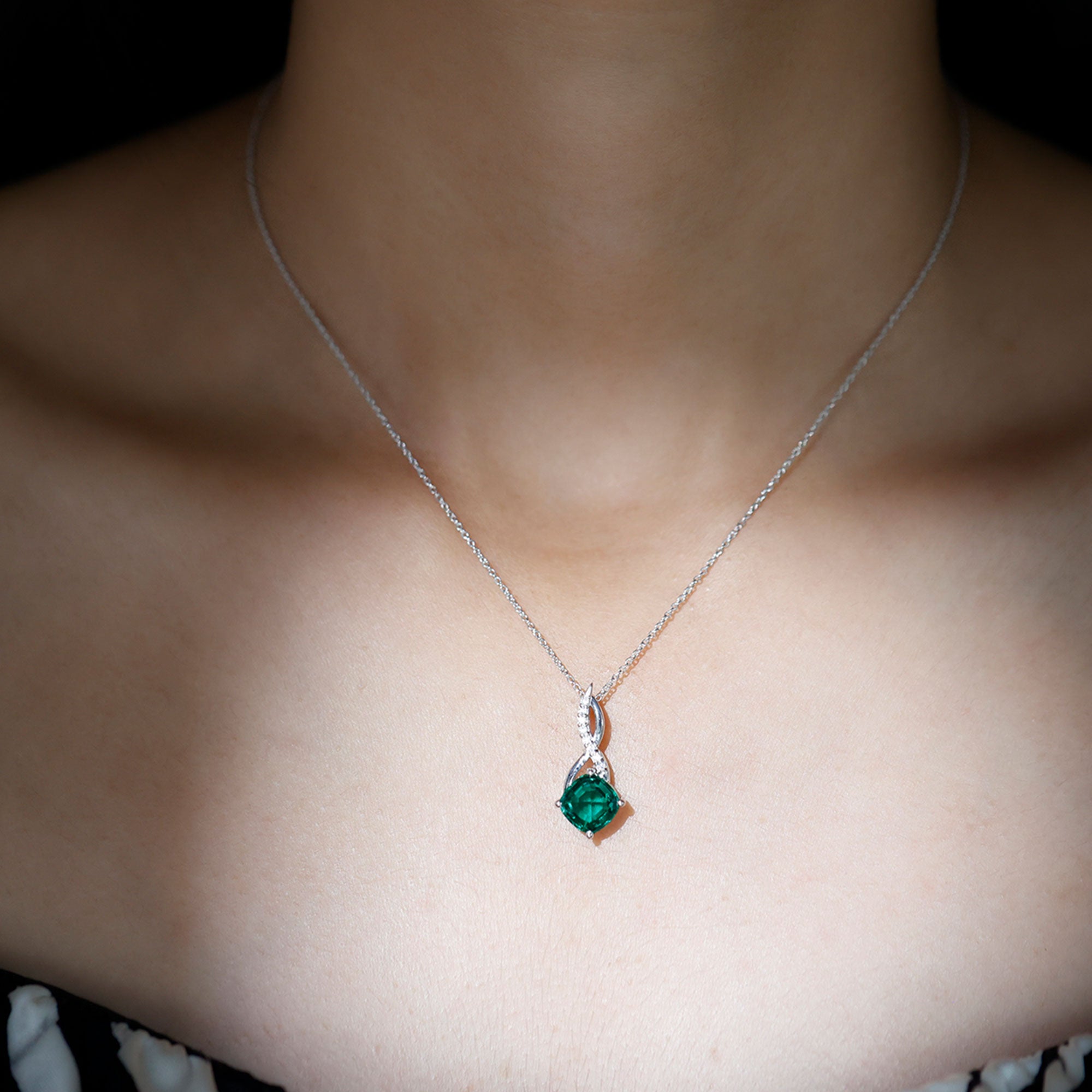 Cushion Cut Created Emerald Solitaire Infinity Pendant with Moissanite Lab Created Emerald - ( AAAA ) - Quality - Rosec Jewels