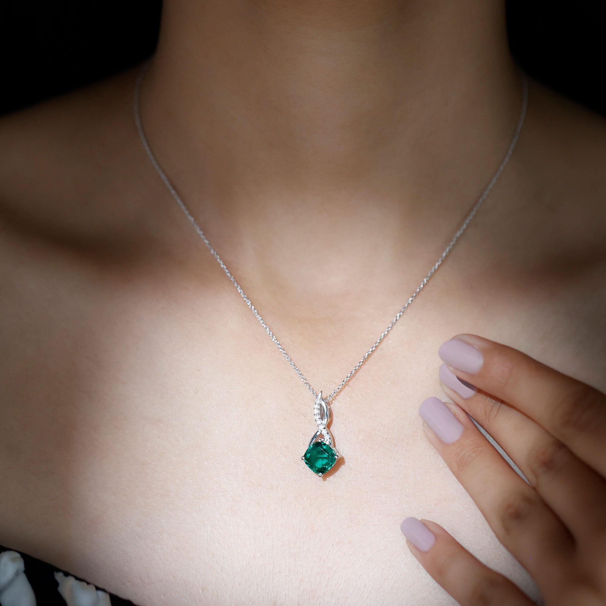 Cushion Cut Created Emerald Solitaire Silver Infinity Pendant with Moissanite - Rosec Jewels