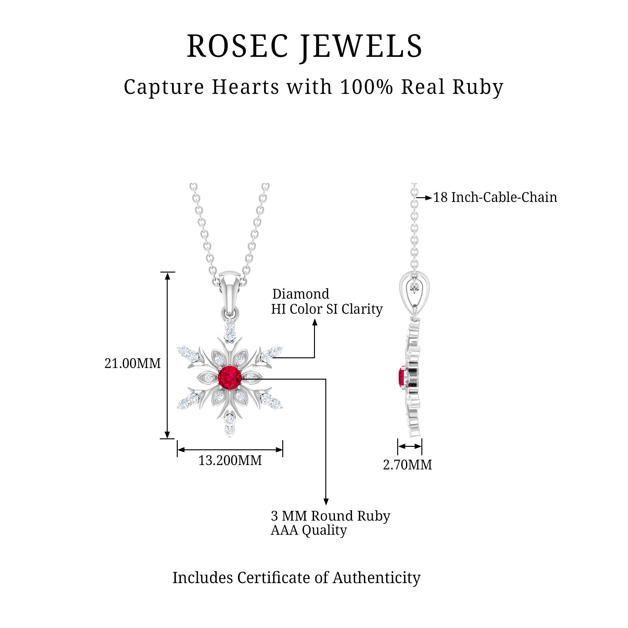 Classic Ruby and Diamond Snowflake Pendant Necklace Ruby - ( AAA ) - Quality - Rosec Jewels